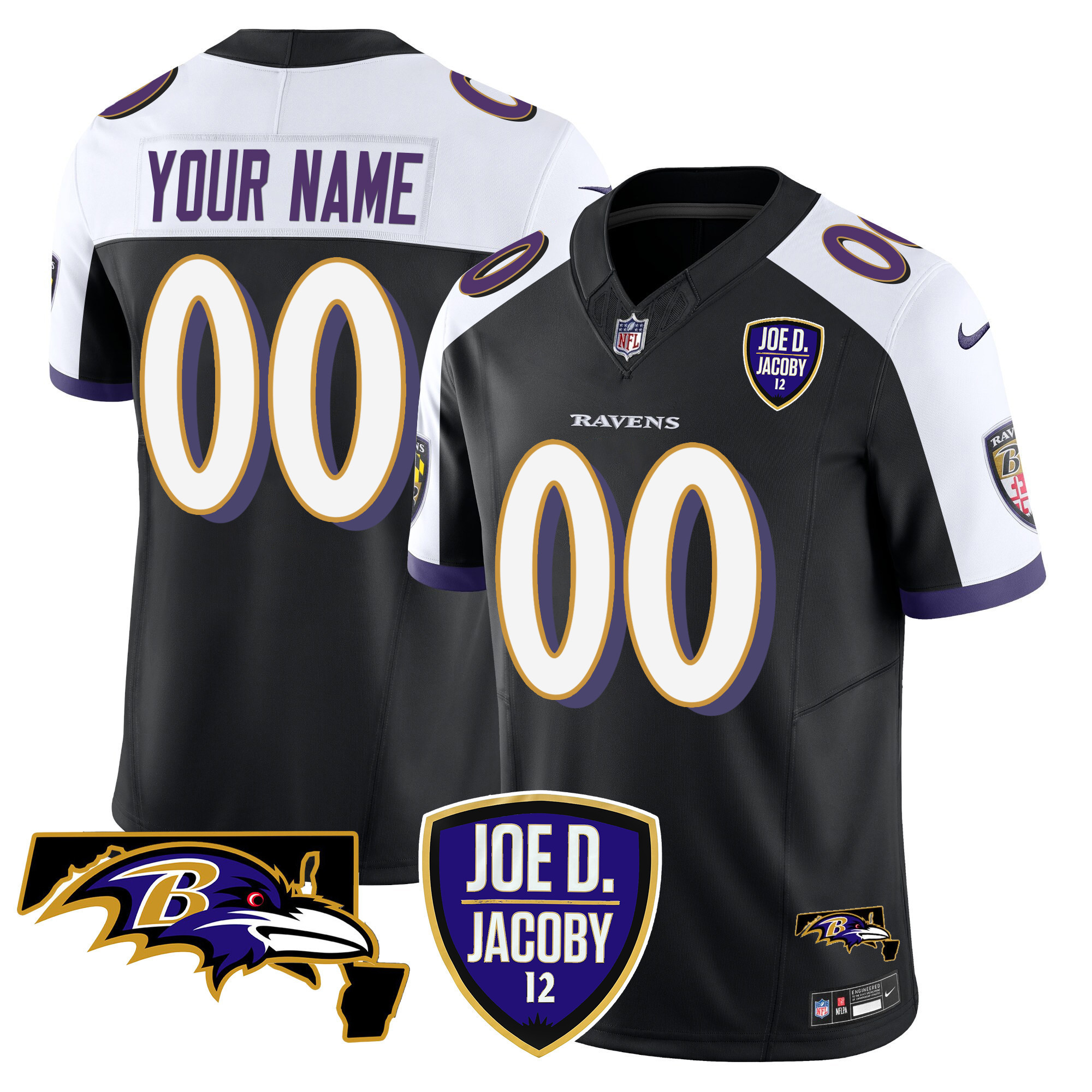 Men's Baltimore Ravens Joe D & Jacoby Patch Vapor Limited Custom Black Alternate Jersey - All Stitched