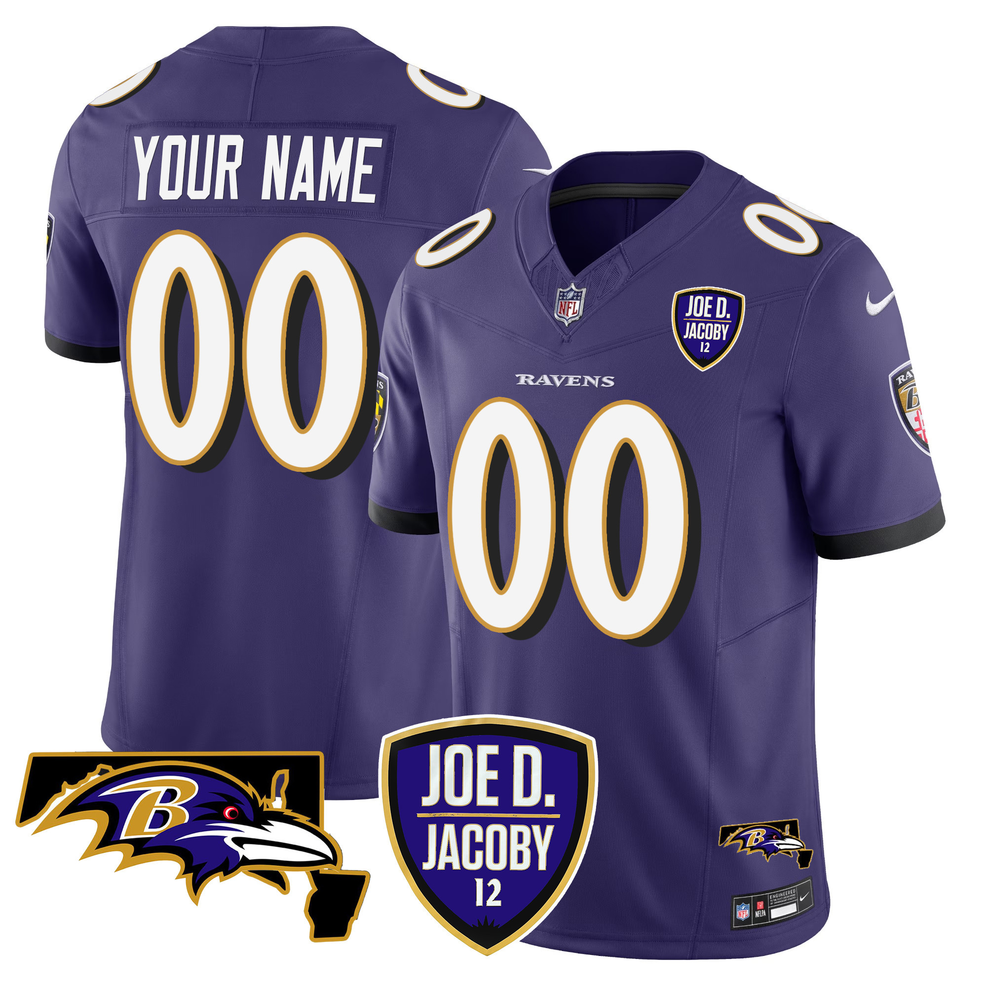 Men's Baltimore Ravens Joe D & Jacoby Patch Vapor Limited Custom Purple Jersey - All Stitched