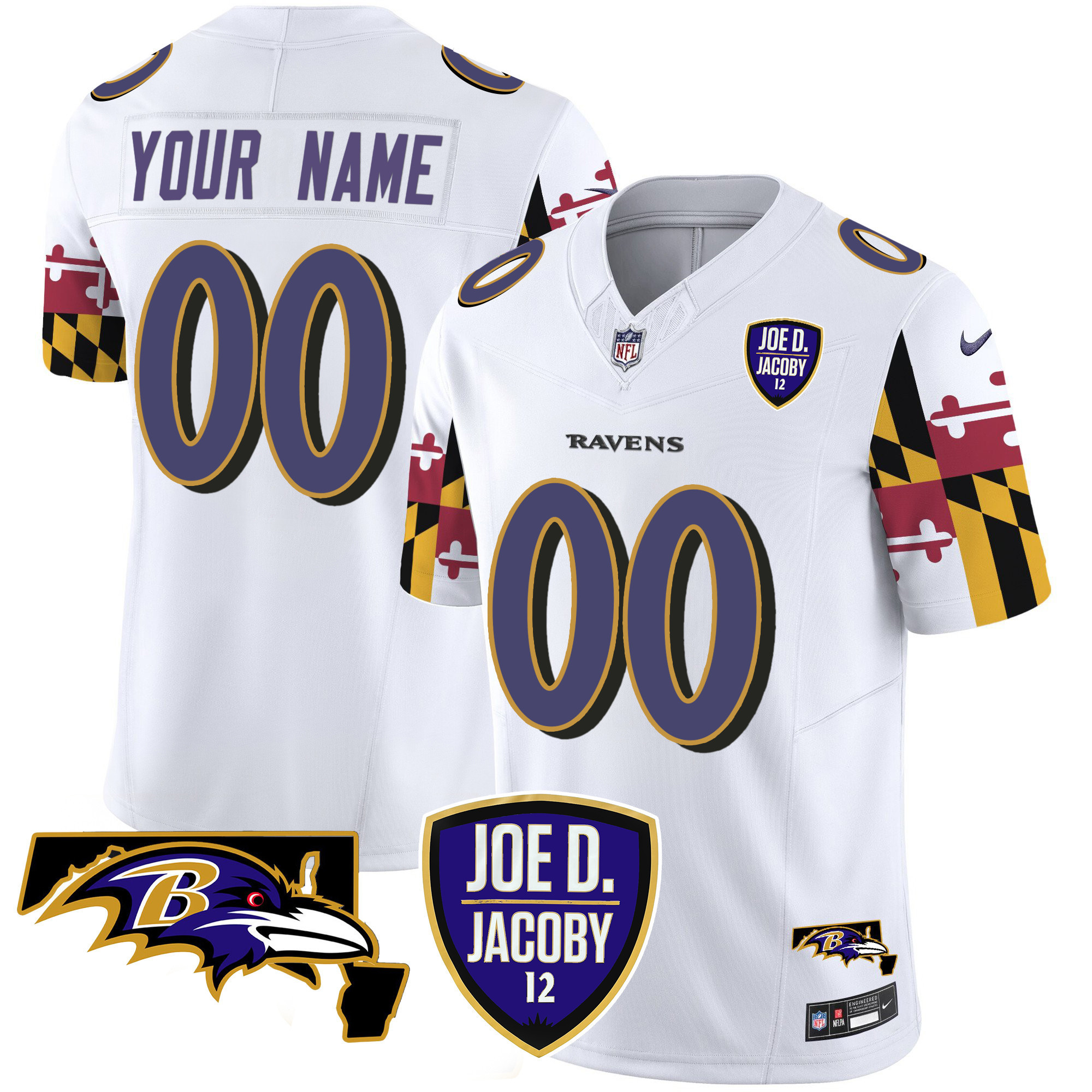 Men's Baltimore Ravens Joe D & Jacoby Patch Vapor Limited Custom White Jersey - All Stitched