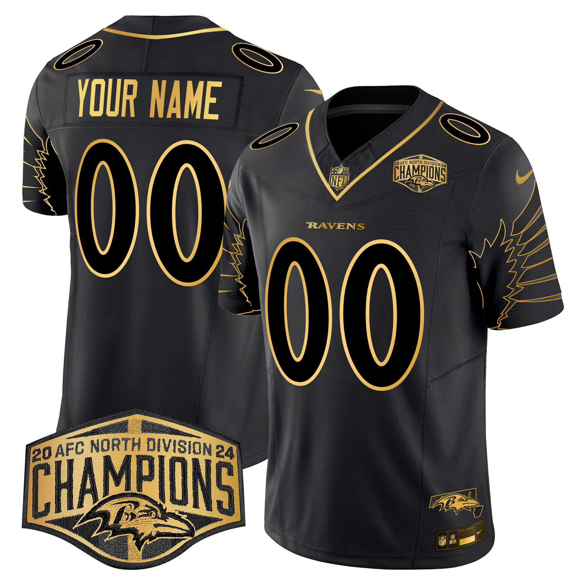 Men's Baltimore Ravens Maryland 2024 AFC North Division Champions Patch Gold Vapor Limited Custom Black Gold Jersey - All Stitched