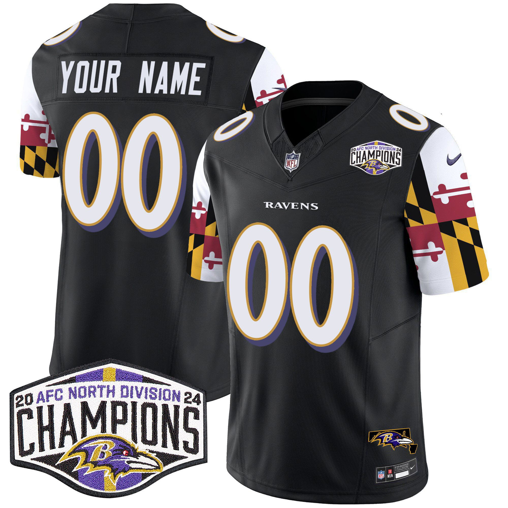 Men's Baltimore Ravens Maryland Flag 2024 AFC North Division Champions Patch Vapor Limited Custom Black Jersey - All Stitched