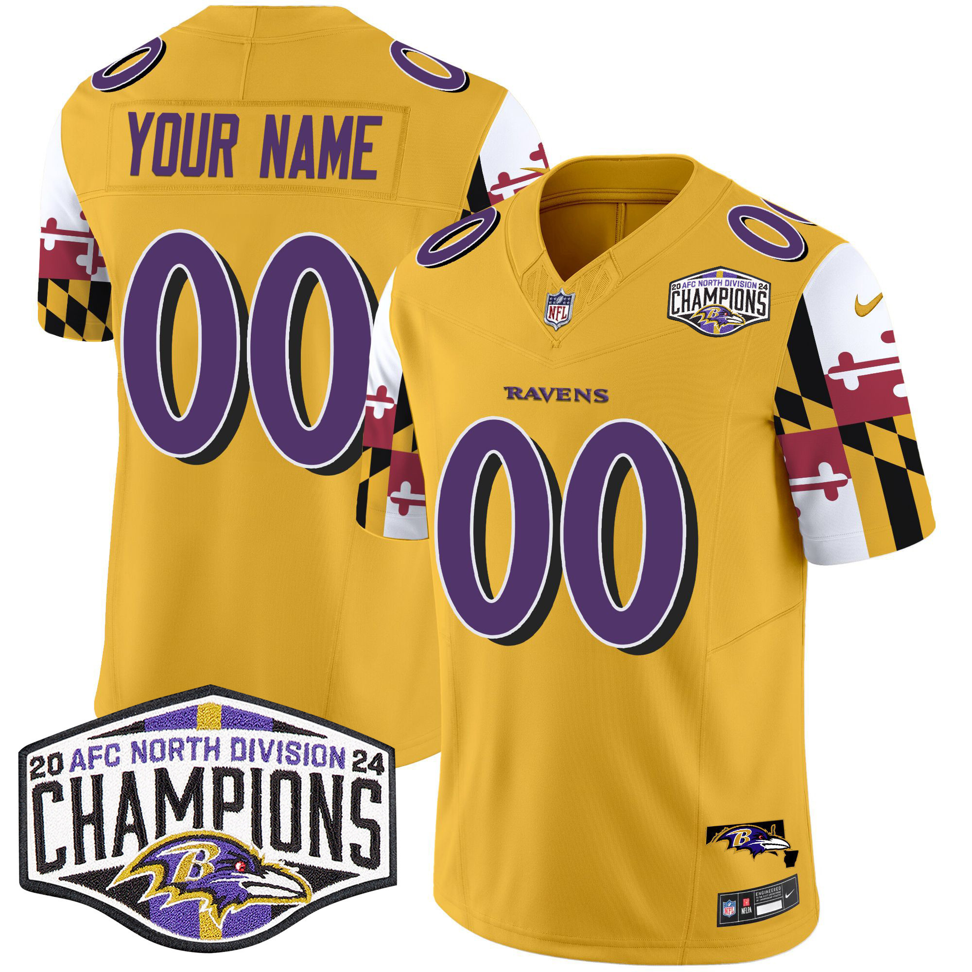Men's Baltimore Ravens Maryland Flag 2024 AFC North Division Champions Patch Vapor Limited Custom Gold Jersey - All Stitched