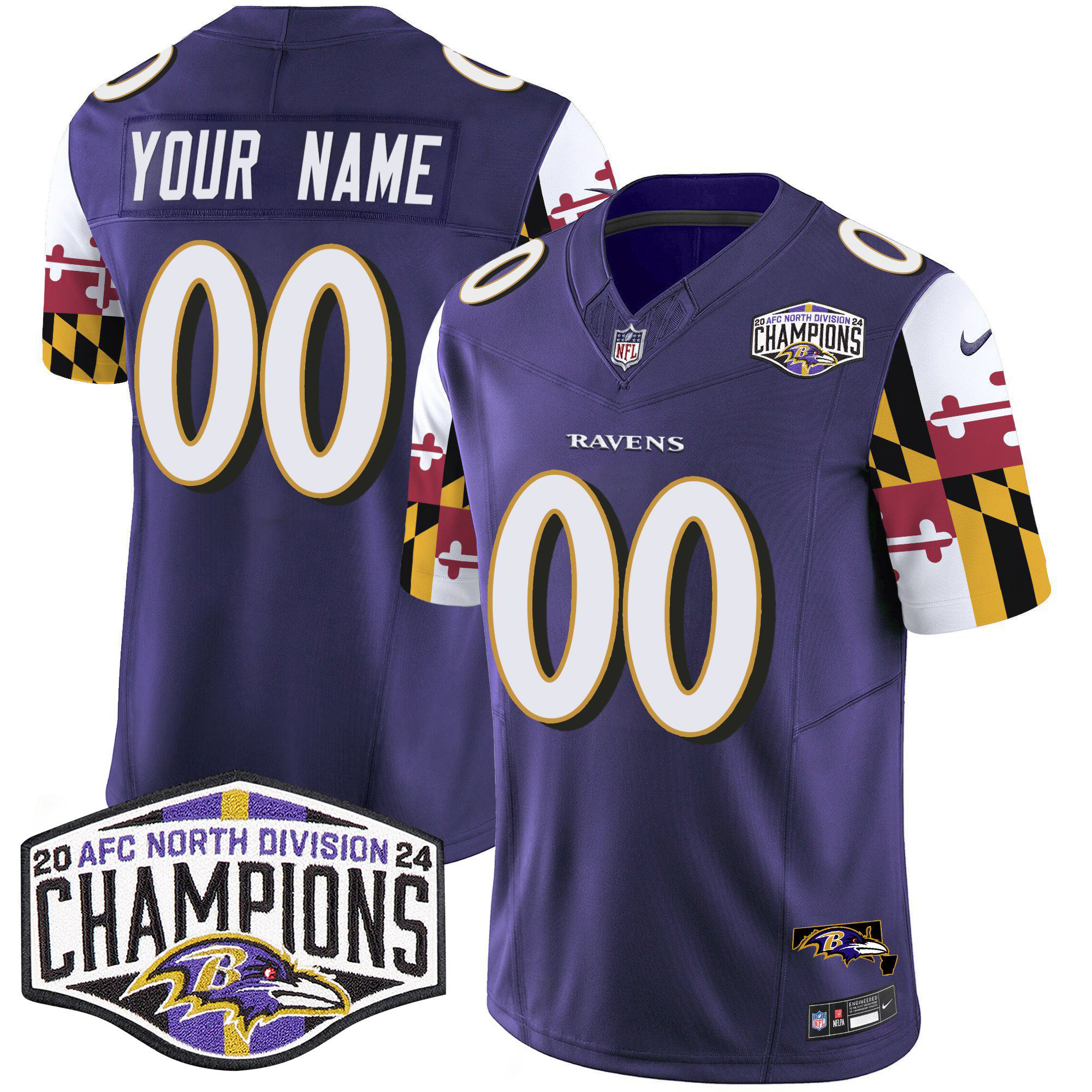 Men's Baltimore Ravens Maryland Flag 2024 AFC North Division Champions Patch Vapor Limited Custom Purple Jersey - All Stitched