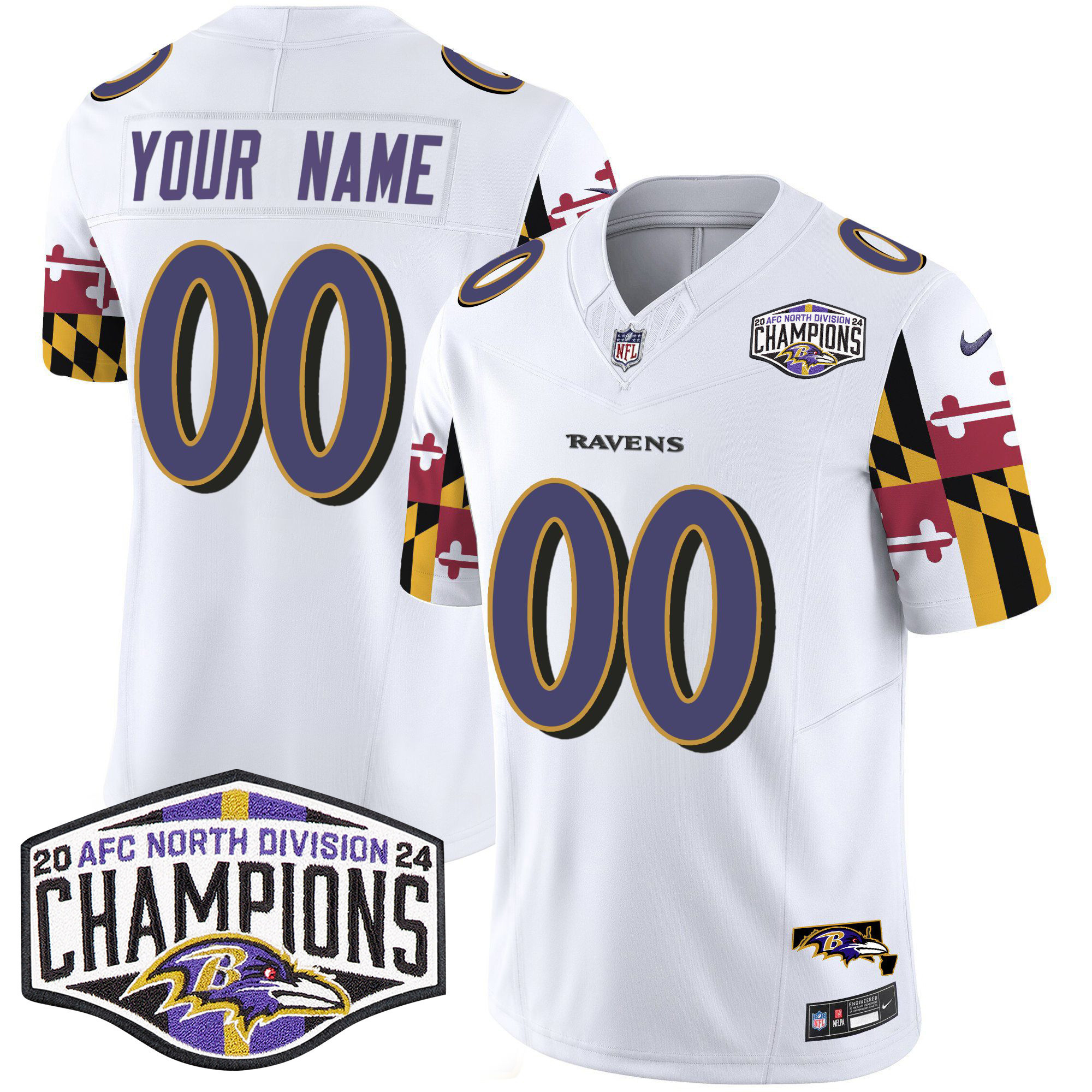 Men's Baltimore Ravens Maryland Flag 2024 AFC North Division Champions Patch Vapor Limited Custom White Jersey - All Stitched