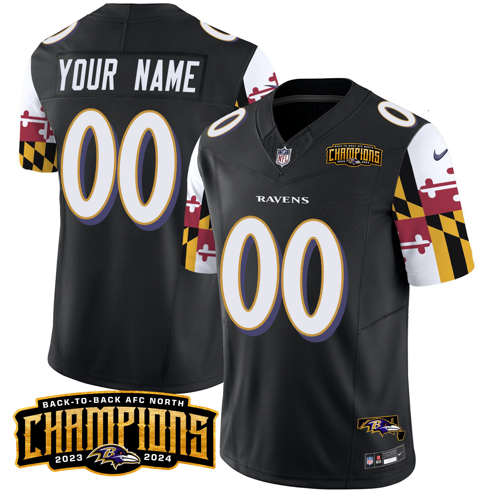 Men's Baltimore Ravens Maryland Flag Back To Back AFC North Champions Patch Vapor Limited Custom Black Jersey - All Stitched