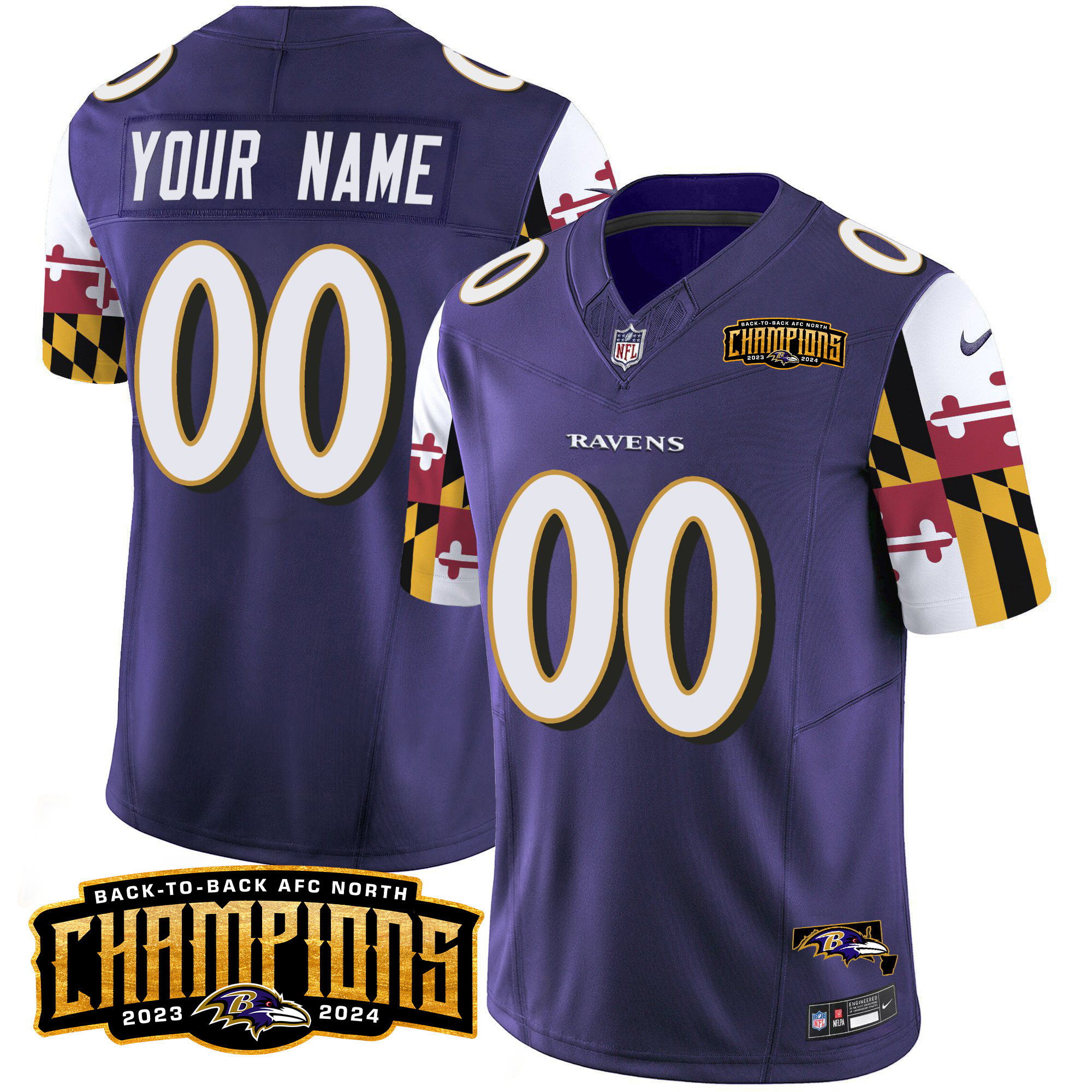 Men's Baltimore Ravens Maryland Flag Back To Back AFC North Champions Patch Vapor Limited Custom Purple Jersey - All Stitched
