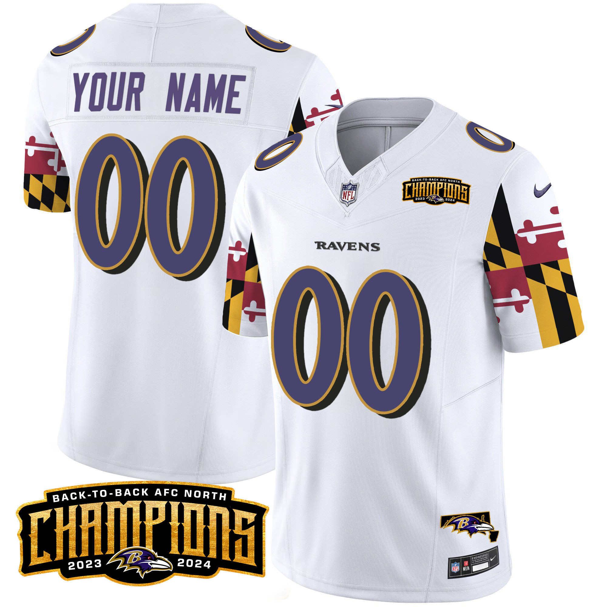 Men's Baltimore Ravens Maryland Flag Back To Back AFC North Champions Patch Vapor Limited Custom White Jersey - All Stitched