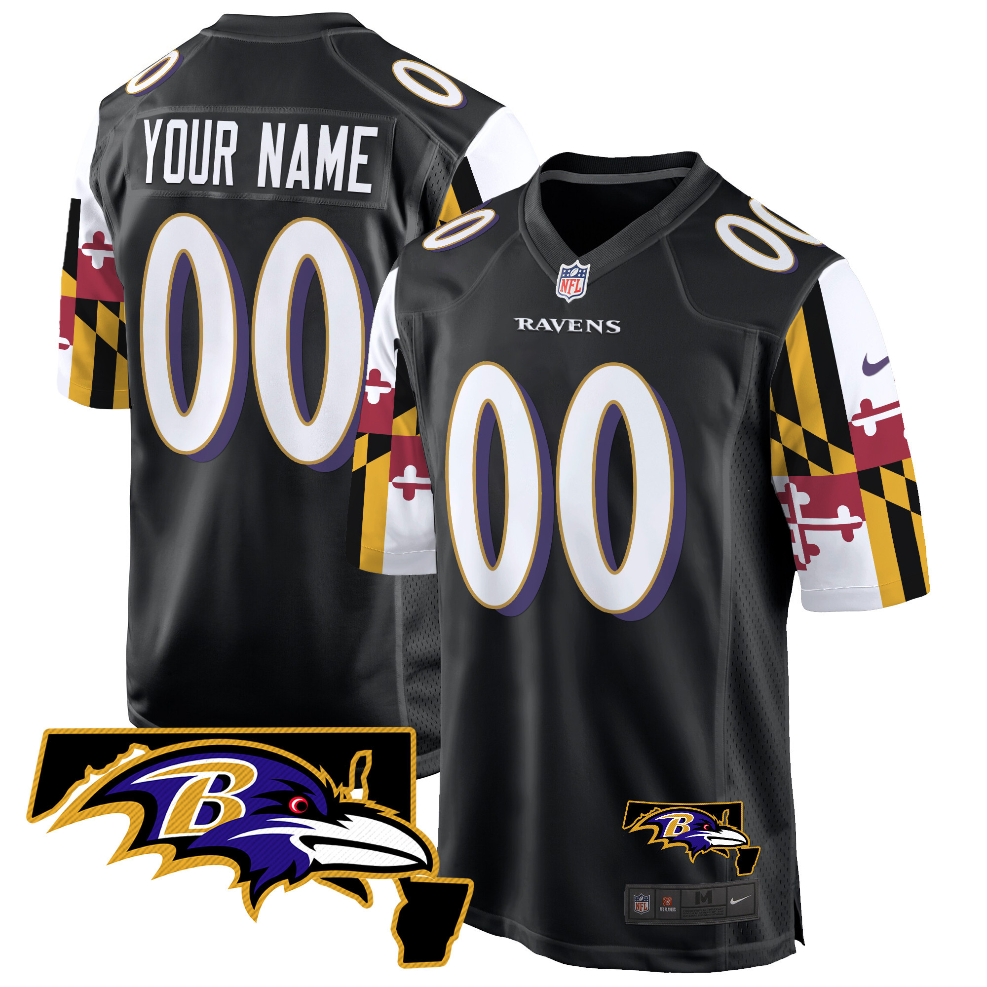 Men's Baltimore Ravens Maryland Flag Game Custom Black Jersey - All Stitched