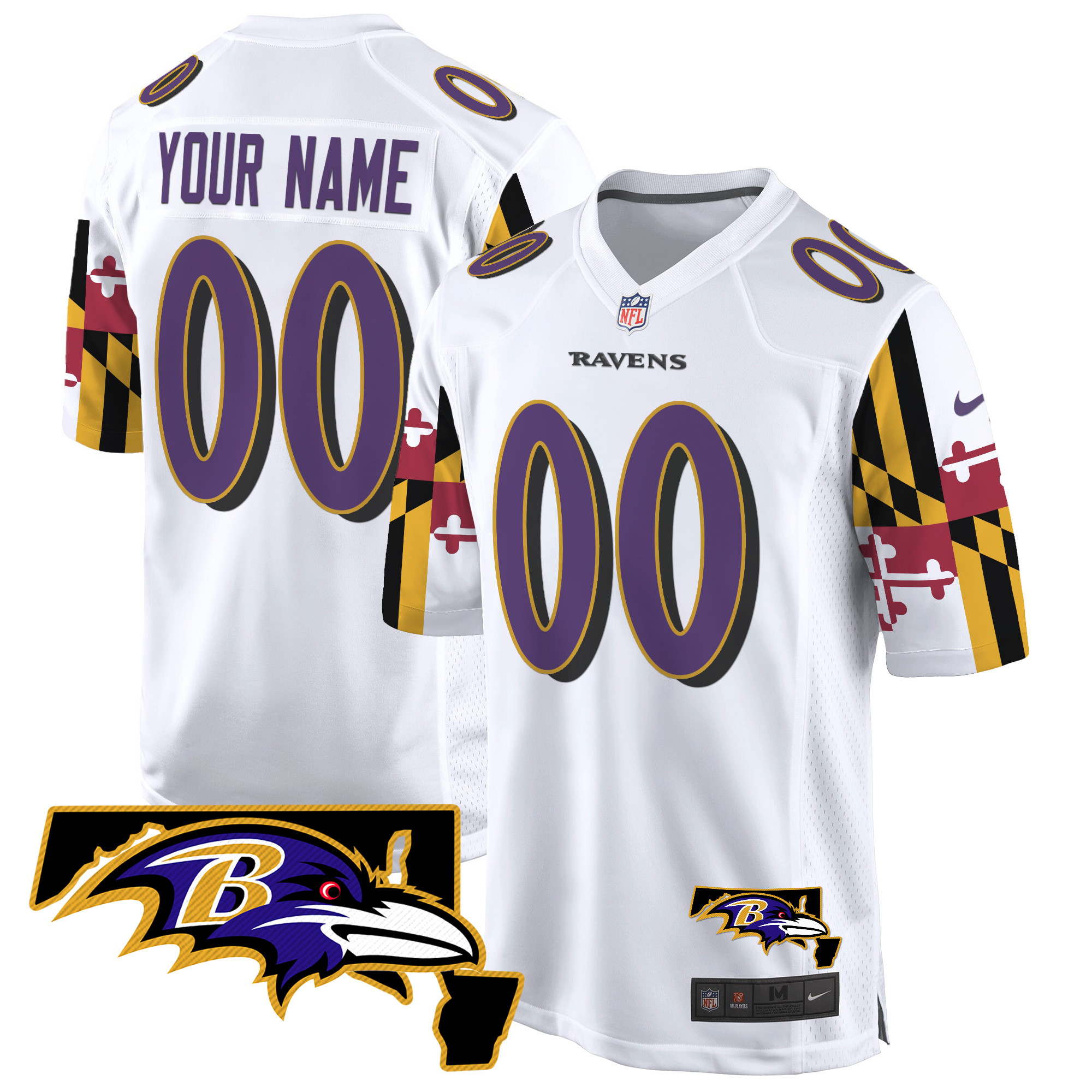 Men's Baltimore Ravens Maryland Flag Game Custom White Jersey - All Stitched