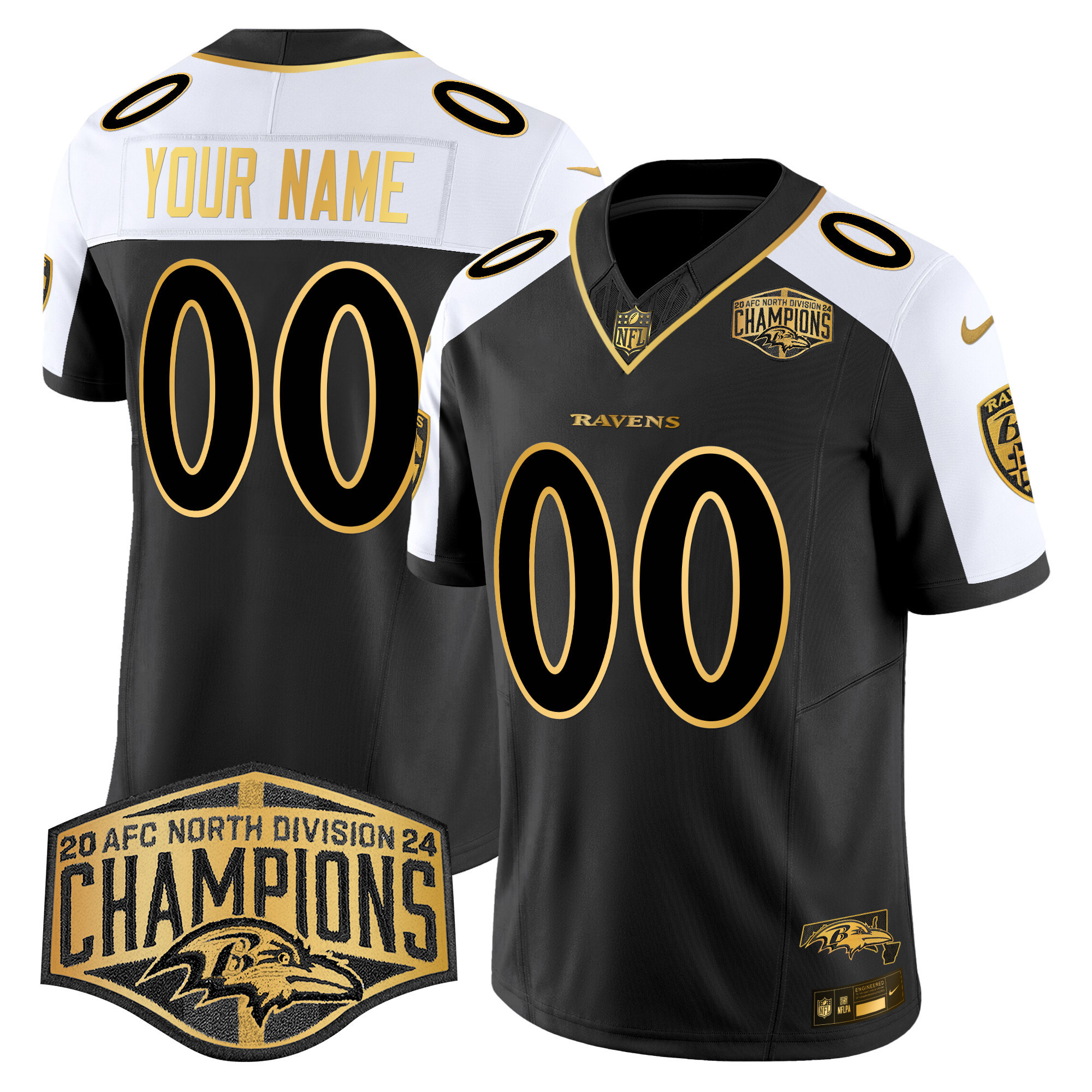 Men's Baltimore Ravens Maryland Flag Map 2024 AFC North Division Champions Patch Gold Vapor Limited Custom Alternate Jersey - All Stitched