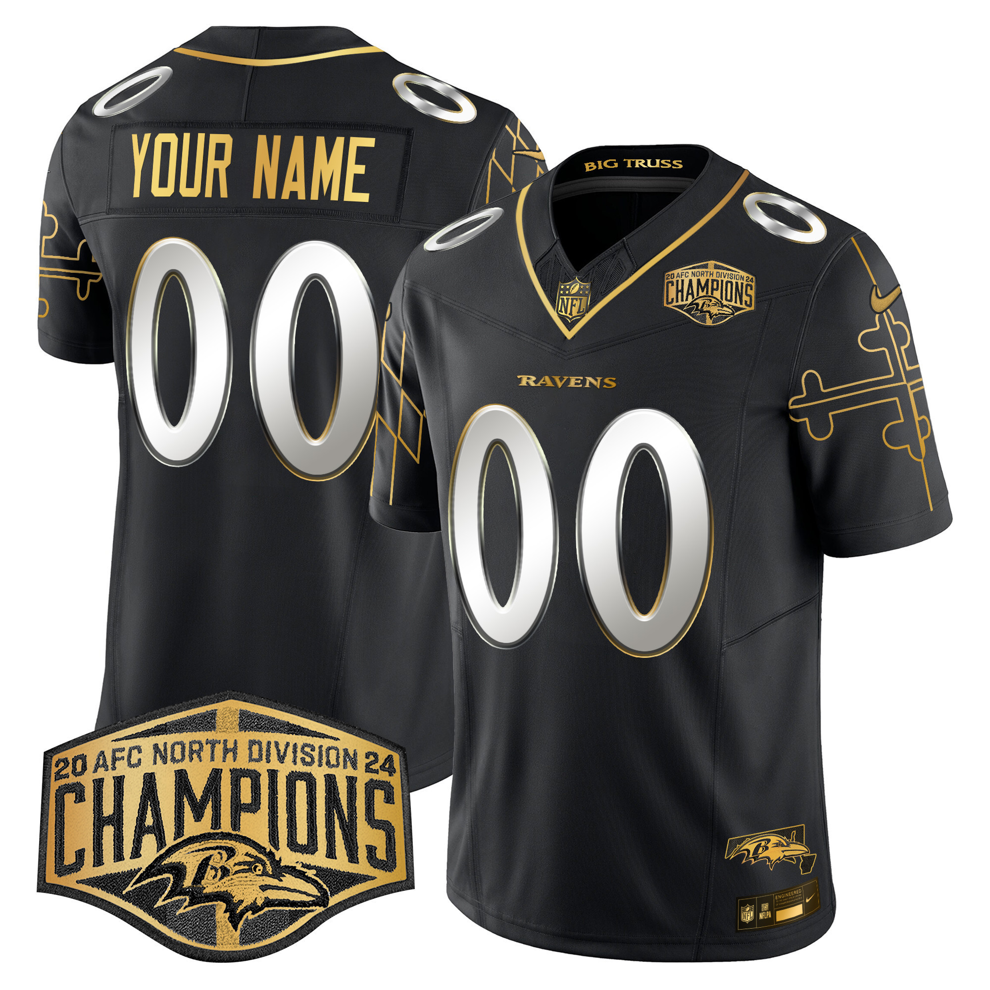Men's Baltimore Ravens Maryland Flag Map 2024 AFC North Division Champions Patch Gold Vapor Limited Custom Black Limited Jersey - All Stitched