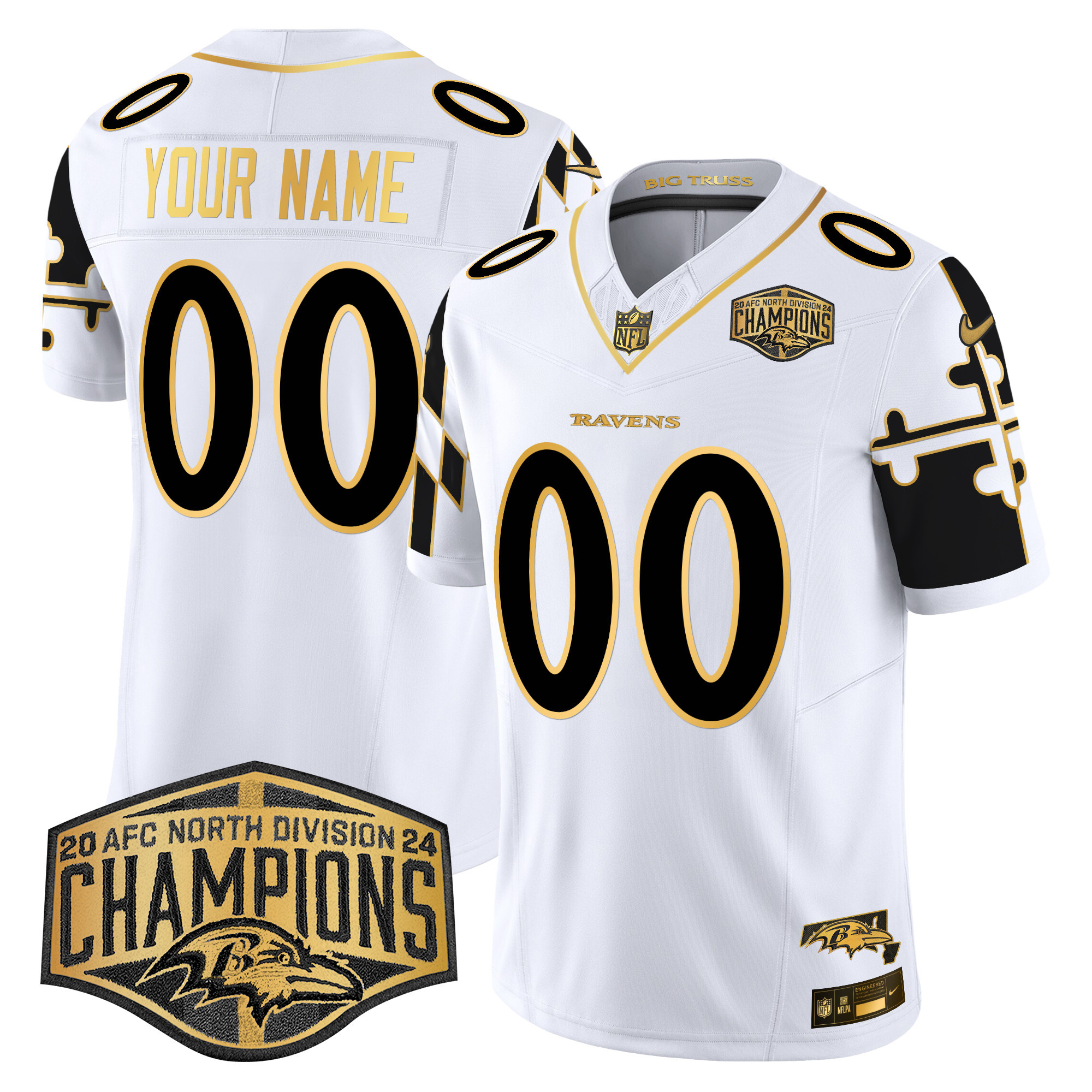 Men's Baltimore Ravens Maryland Flag Map 2024 AFC North Division Champions Patch Gold Vapor Limited Custom White Gold Jersey - All Stitched