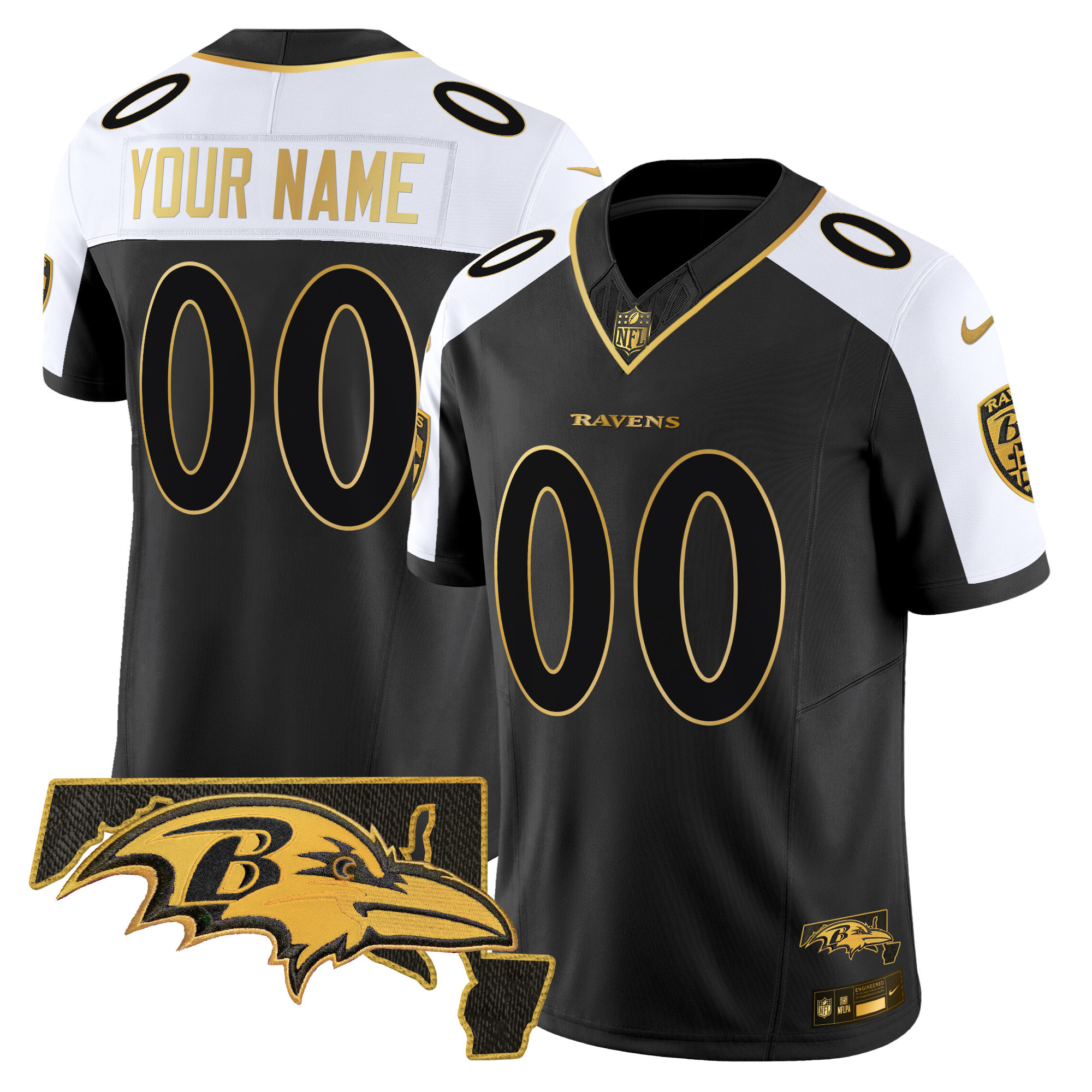 Men's Baltimore Ravens Maryland Flag Map Patch Gold Vapor Limited Custom Alternate Jersey - All Stitched