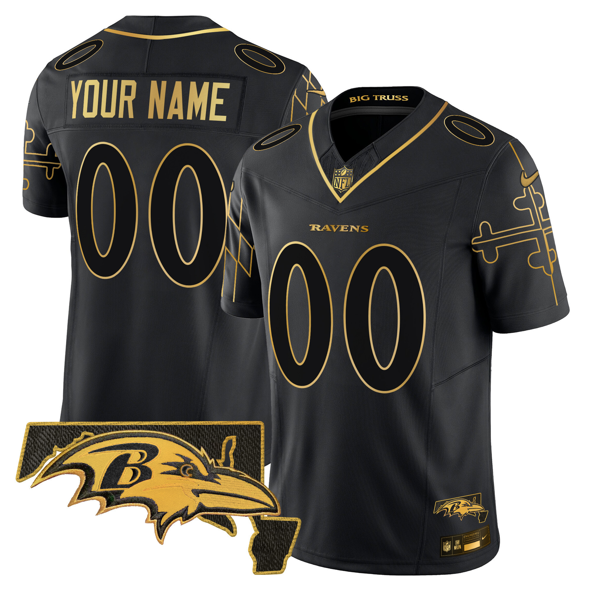 Men's Baltimore Ravens Maryland Flag Map Patch Gold Vapor Limited Custom Black Gold Jersey - All Stitched
