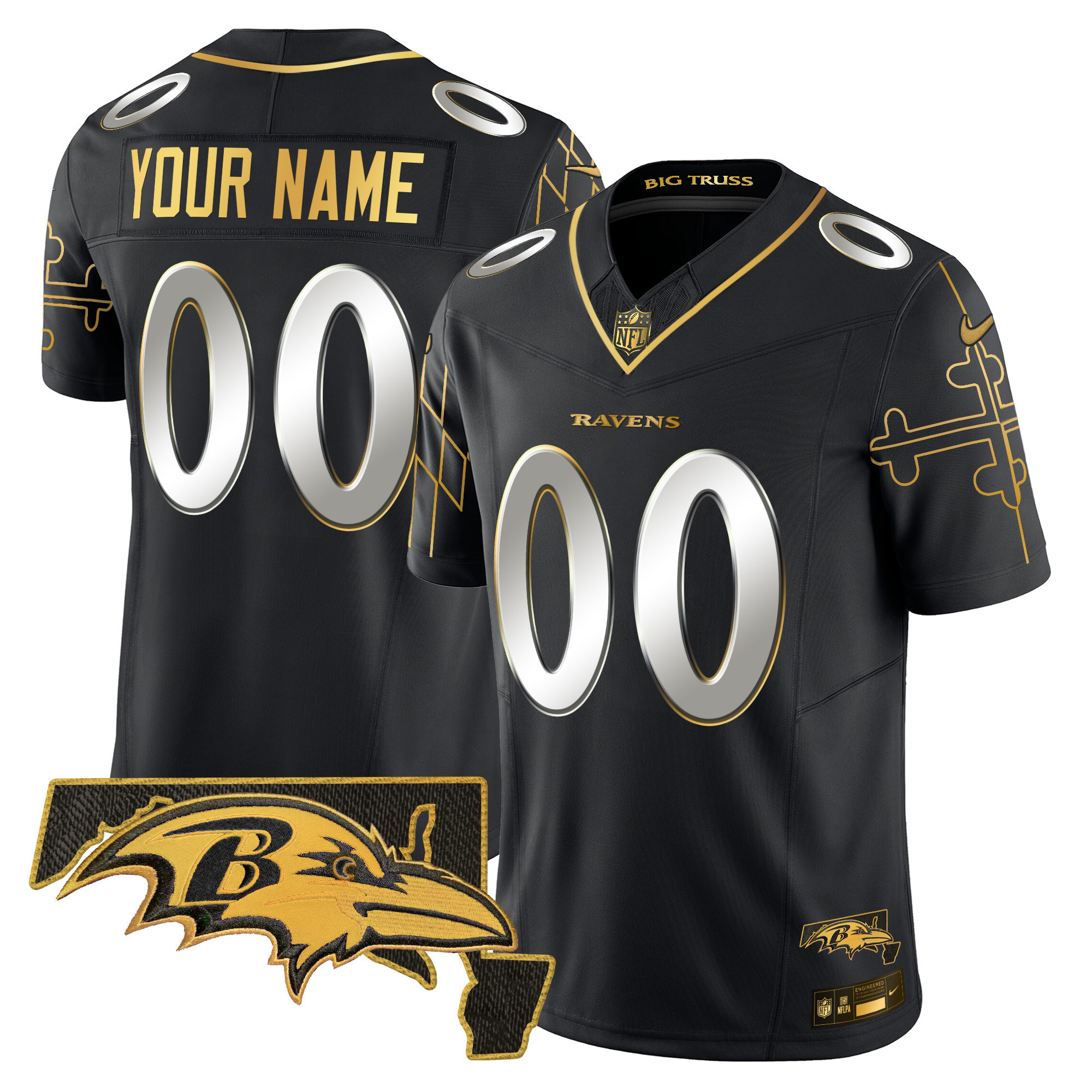 Men's Baltimore Ravens Maryland Flag Map Patch Gold Vapor Limited Custom Black Limited Jersey - All Stitched
