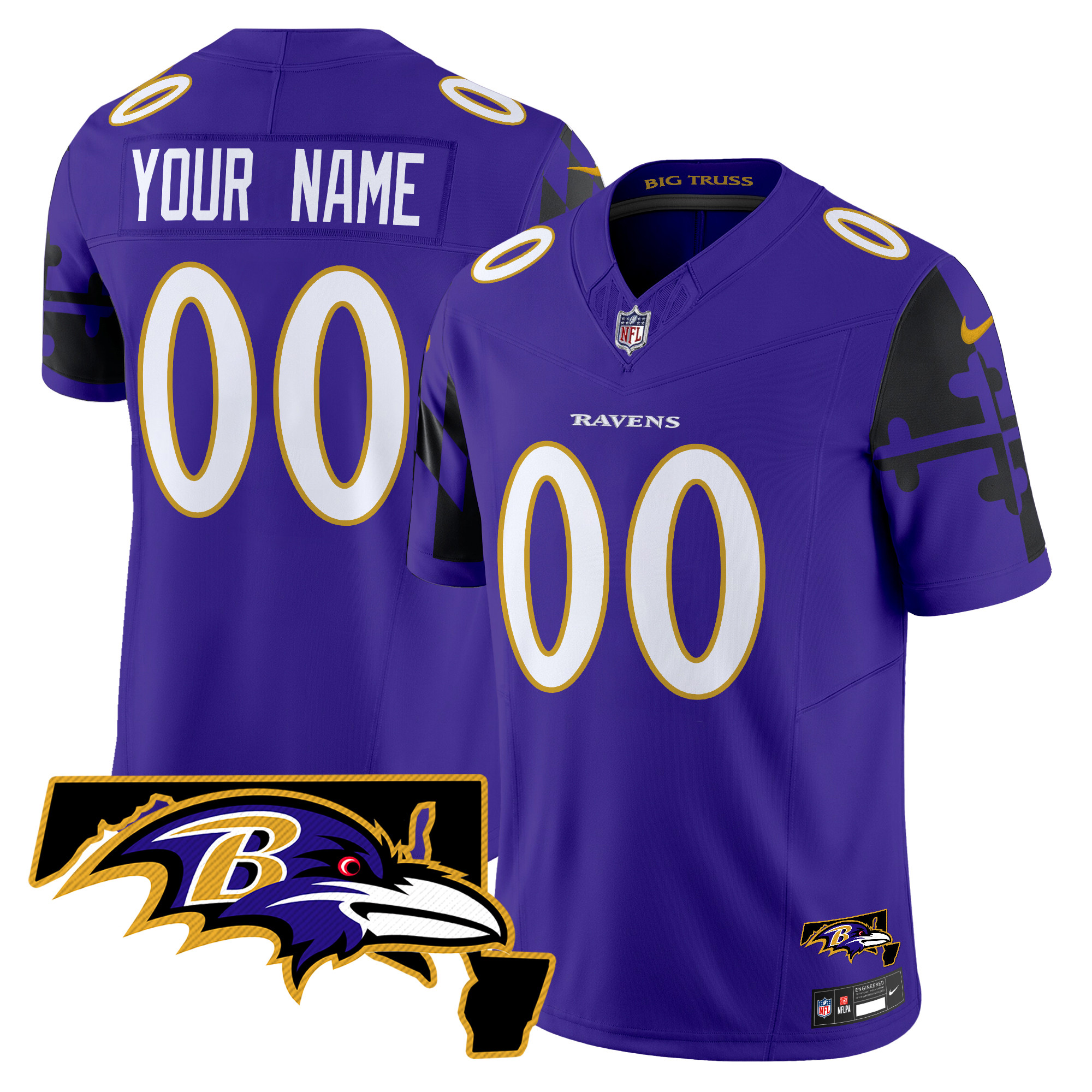 Men's Baltimore Ravens Maryland Flag Map Patch Vapor Limited Custom Purple Jersey - All Stitched