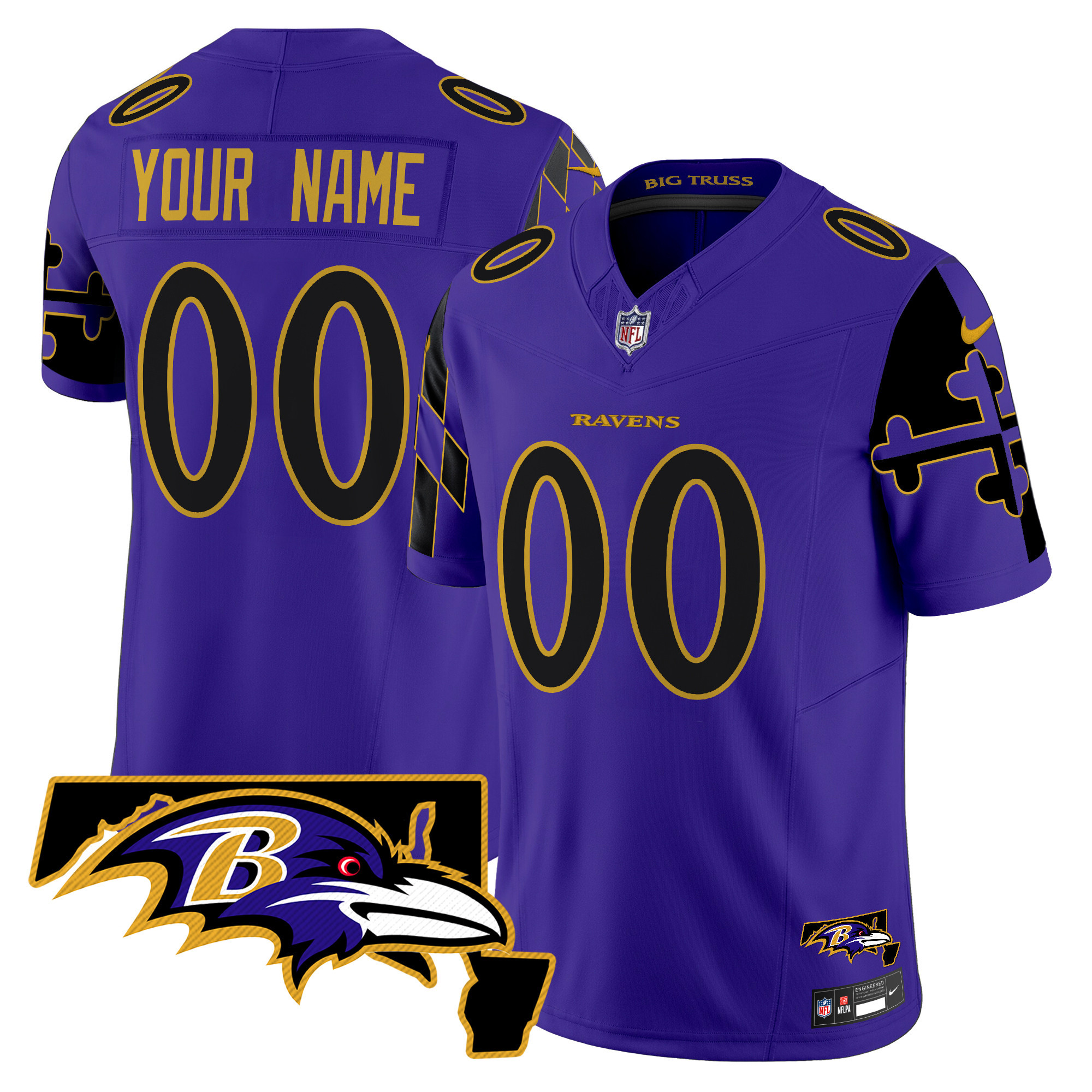 Men's Baltimore Ravens Maryland Flag Map Patch Vapor Limited Custom Purple Limited Jersey - All Stitched