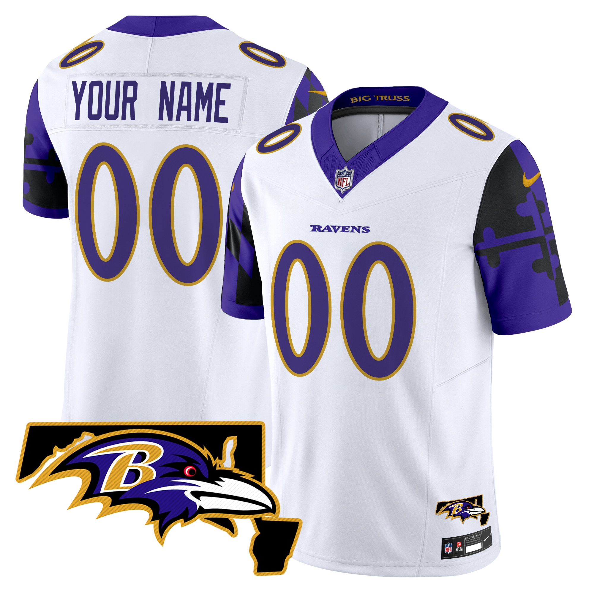 Men's Baltimore Ravens Maryland Flag Map Patch Vapor Limited Custom White Jersey - All Stitched