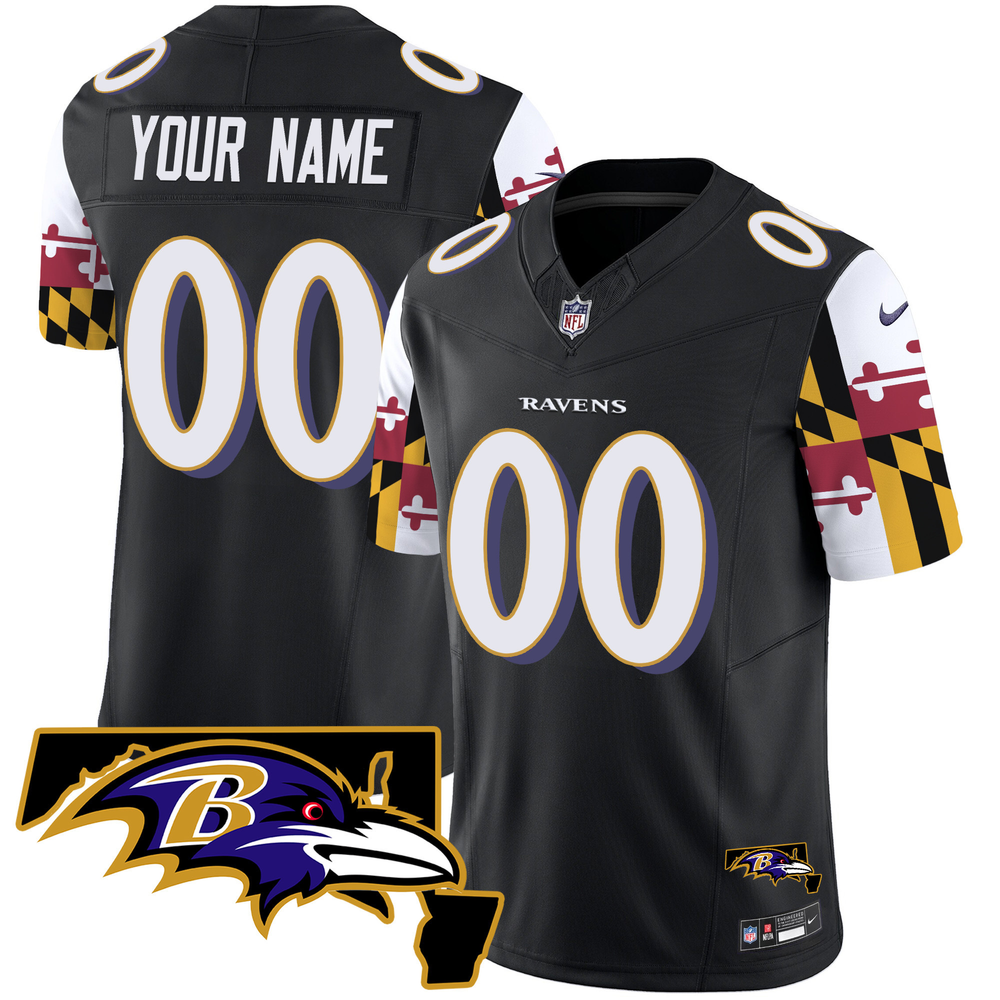 Men's Baltimore Ravens Maryland Flag Vapor Limited Custom Black Jersey - All Stitched