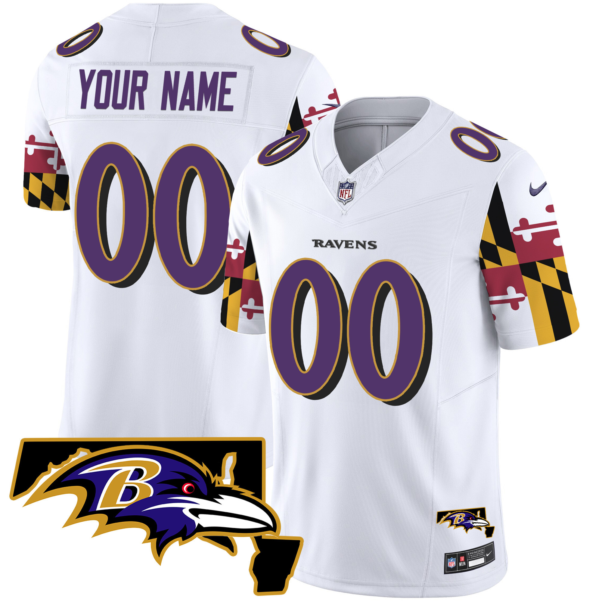 Men's Baltimore Ravens Maryland Flag Vapor Limited Custom White Jersey - All Stitched