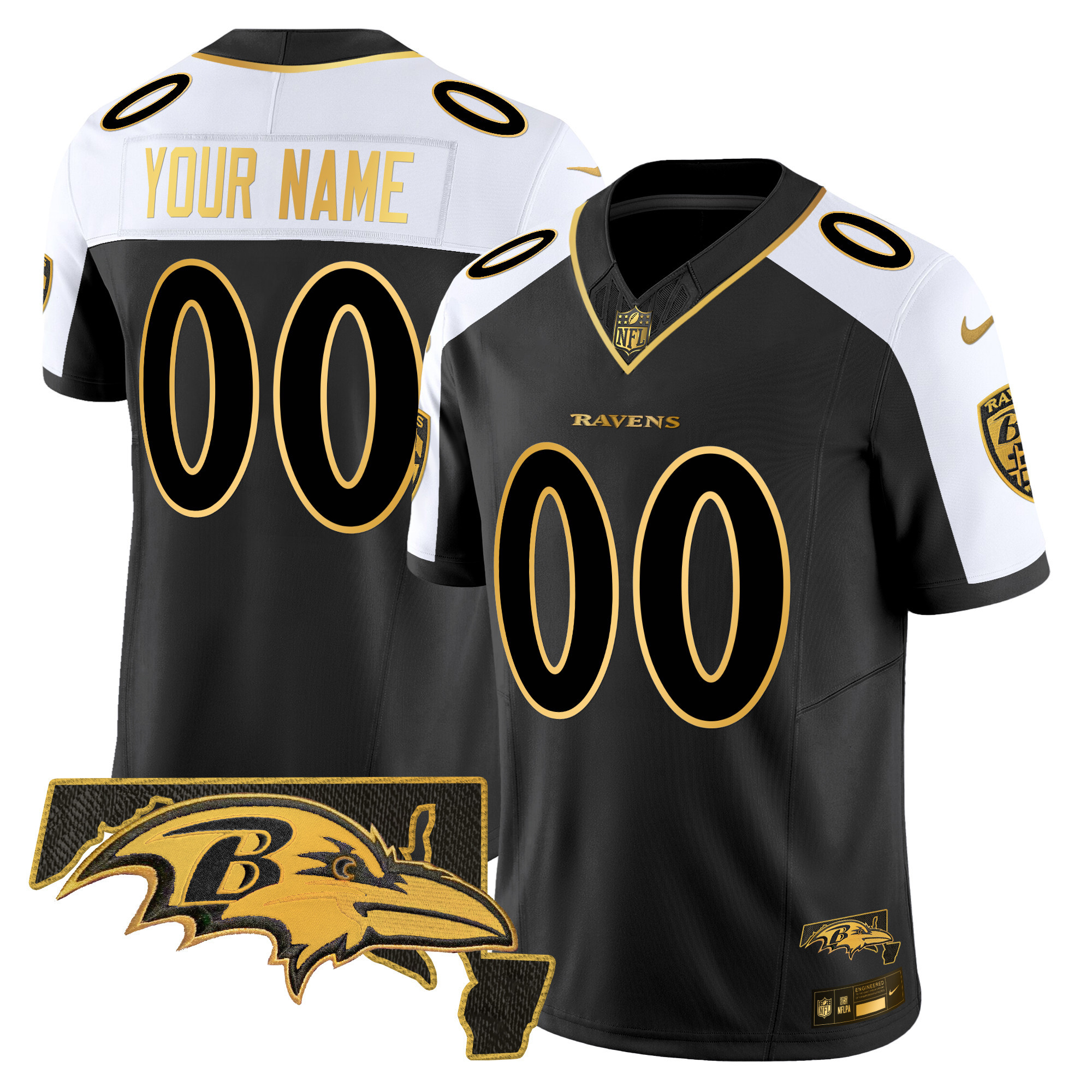 Men's Baltimore Ravens Maryland Patch Gold Vapor Limited Custom Alternate Jersey - All Stitched