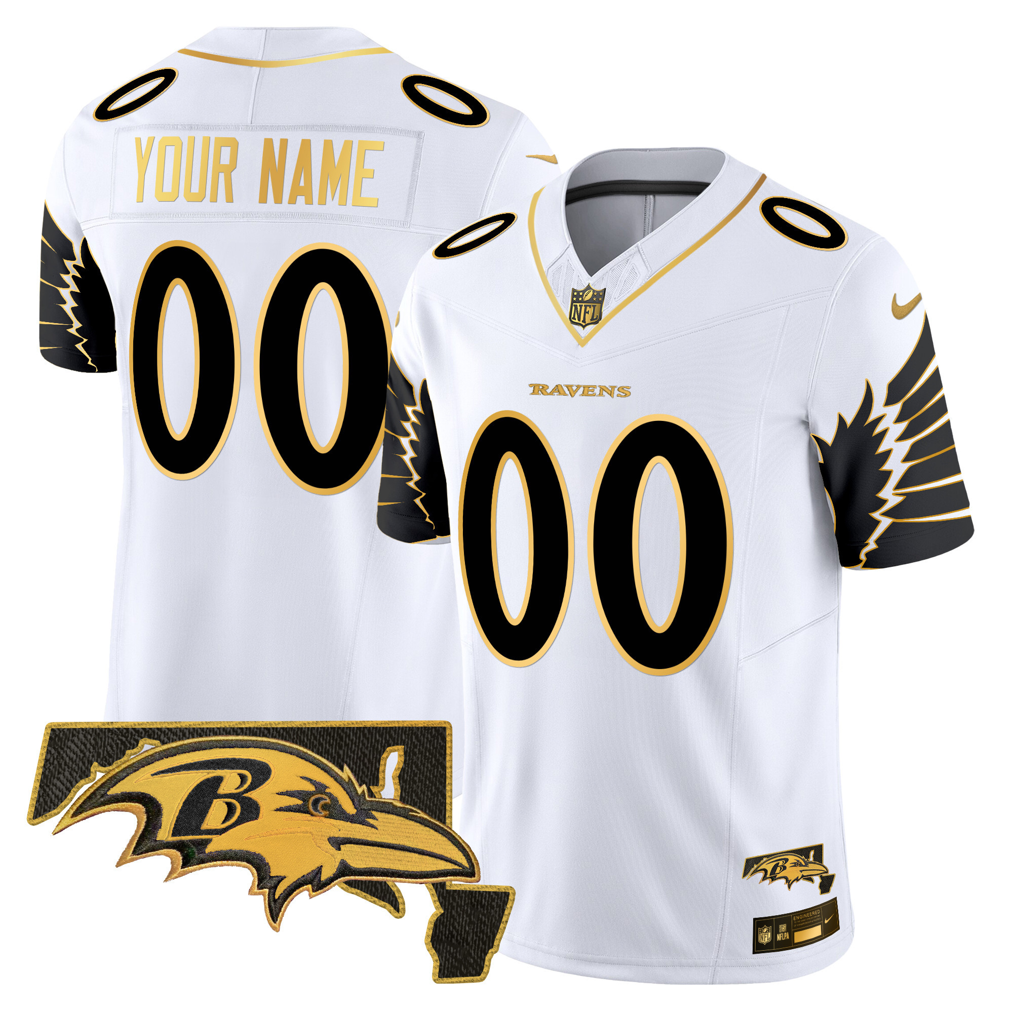 Men's Baltimore Ravens Maryland Patch Gold Vapor Limited Custom White Gold Jersey - All Stitched