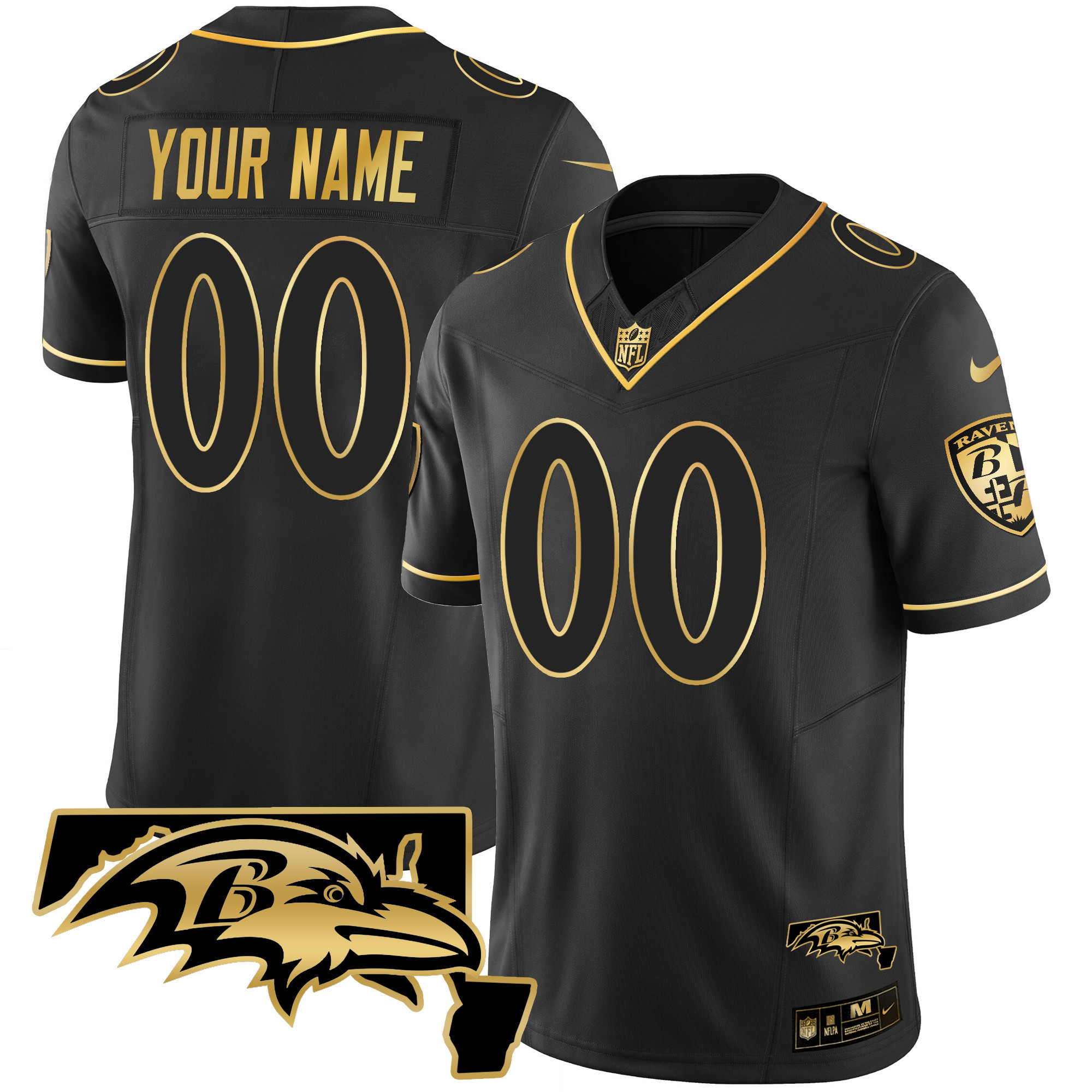 Men's Baltimore Ravens Maryland Patch Vapor Gold Custom Black Gold Jersey - All Stitched