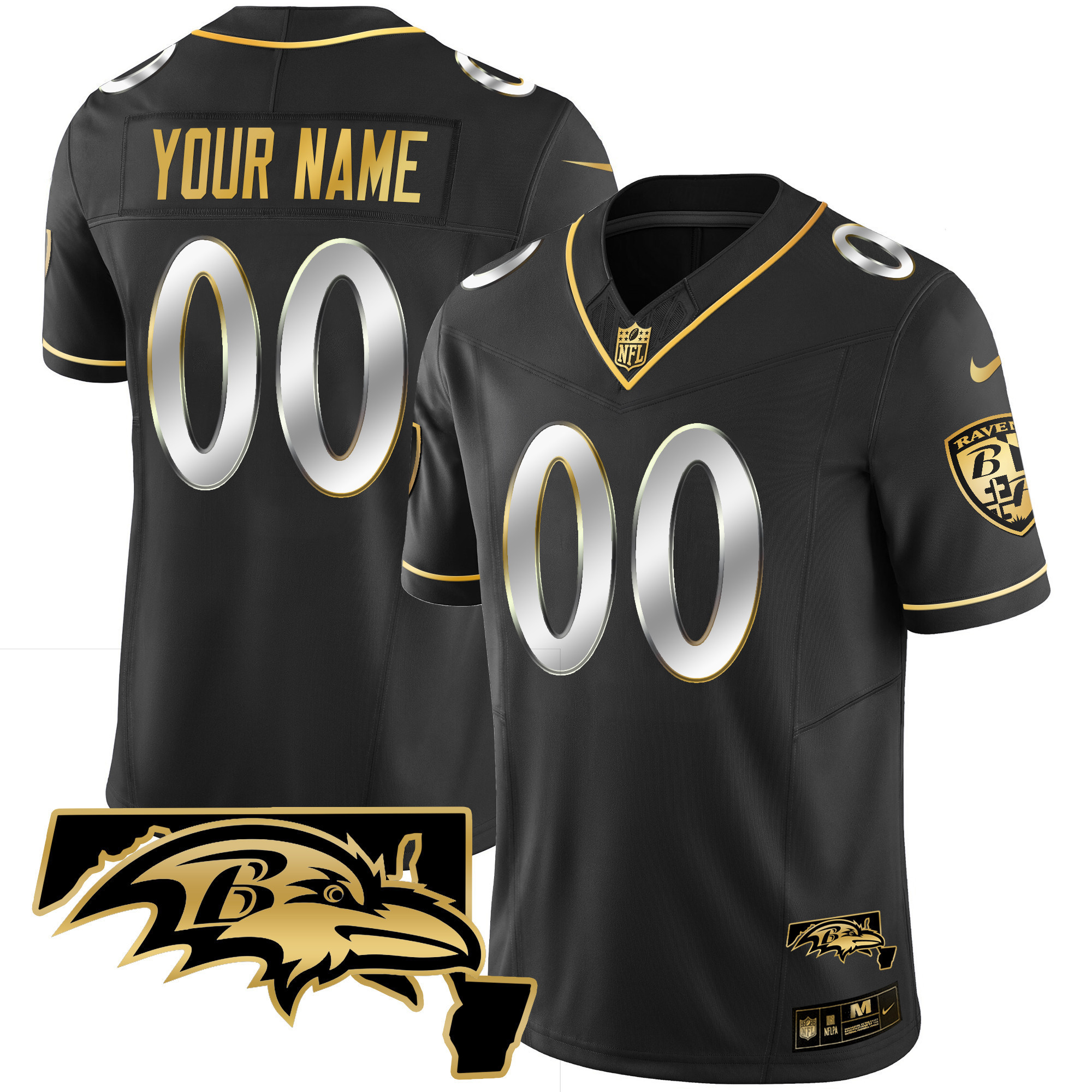 Men's Baltimore Ravens Maryland Patch Vapor Gold Custom Black Limited Jersey - All Stitched