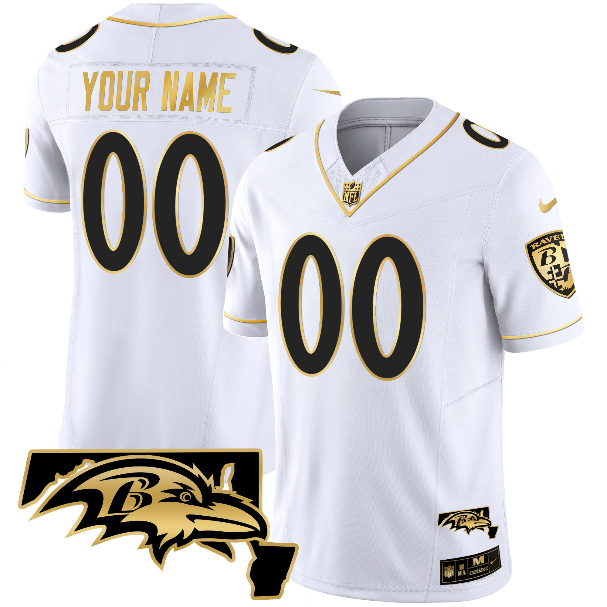 Men's Baltimore Ravens Maryland Patch Vapor Gold Custom White Gold Jersey - All Stitched