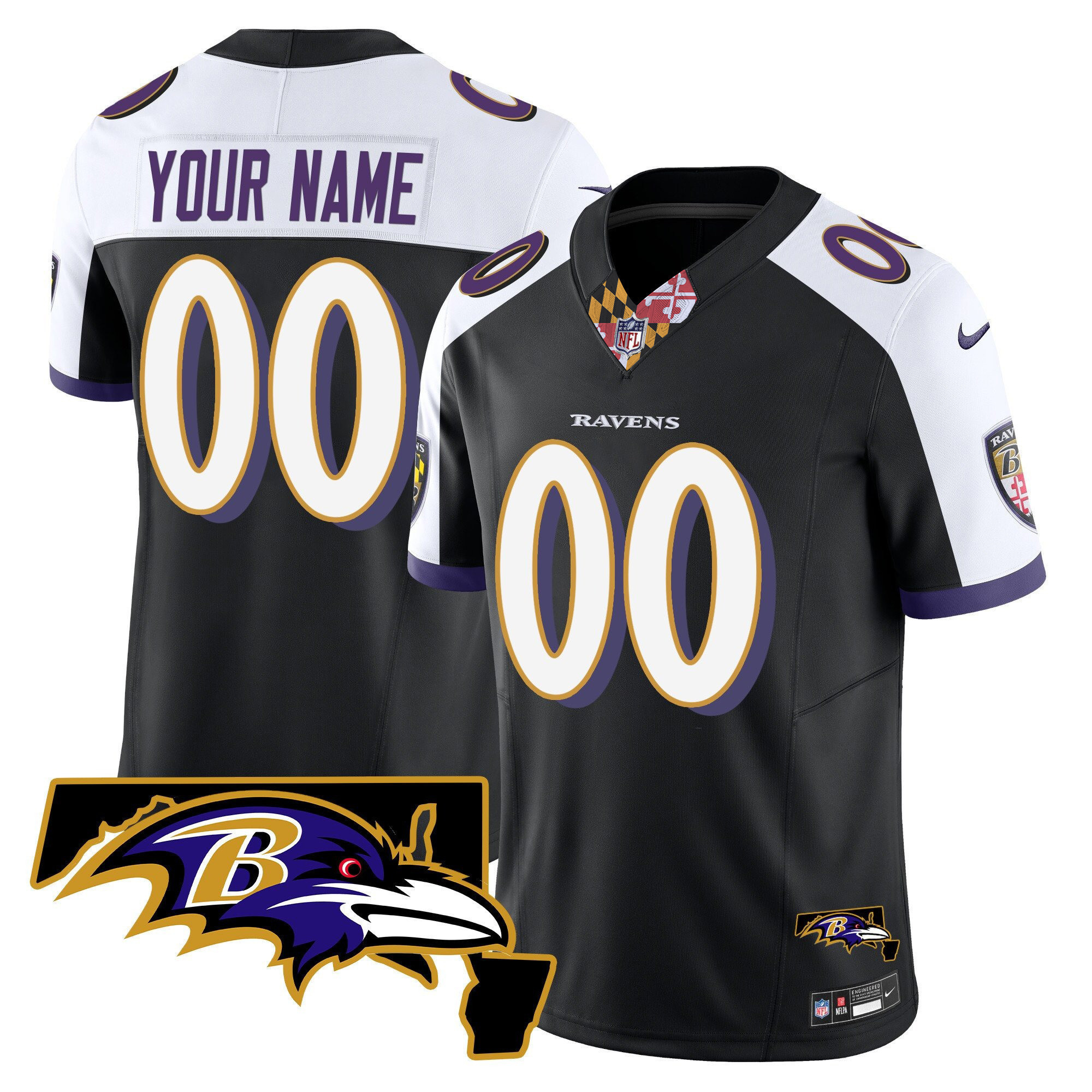 Men's Baltimore Ravens Maryland Patch Vapor Limited Custom Black Alternate Jersey - All Stitched