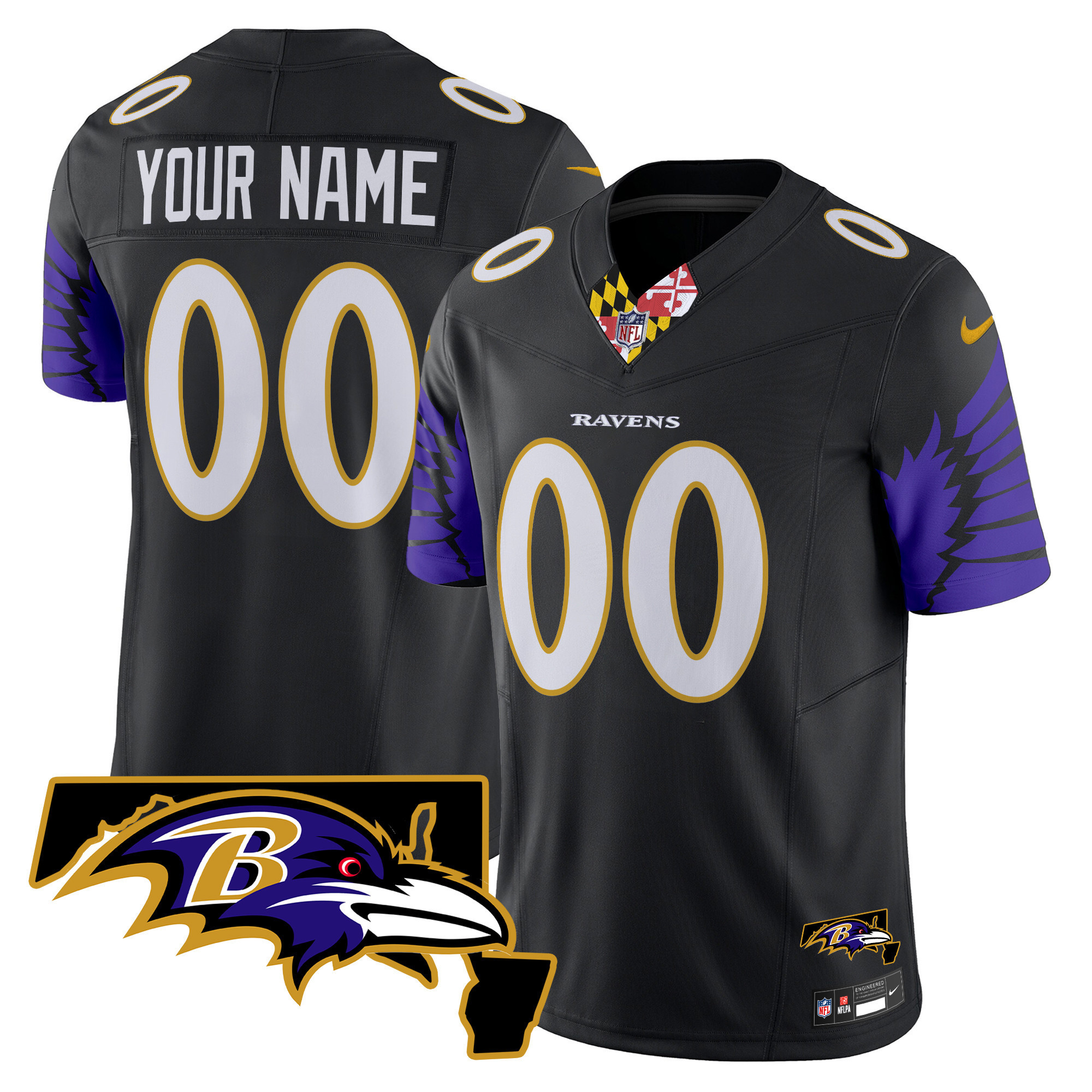 Men's Baltimore Ravens Maryland Patch Vapor Limited Custom Black Jersey - All Stitched