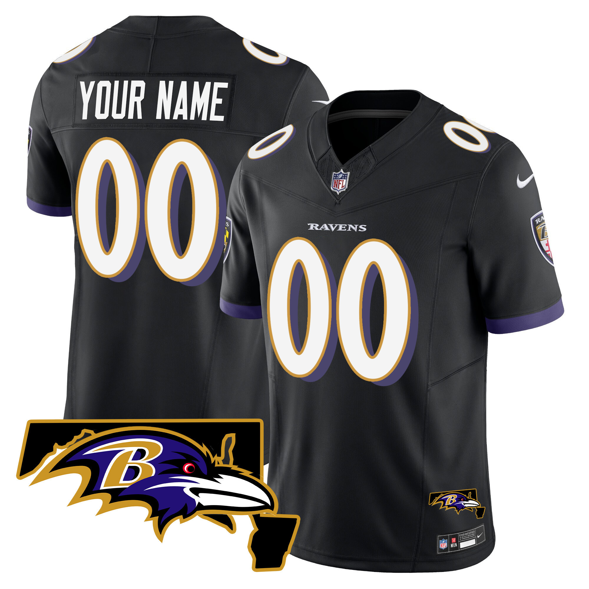 Men's Baltimore Ravens Maryland Patch Vapor Limited Custom Black Jersey - All Stitched