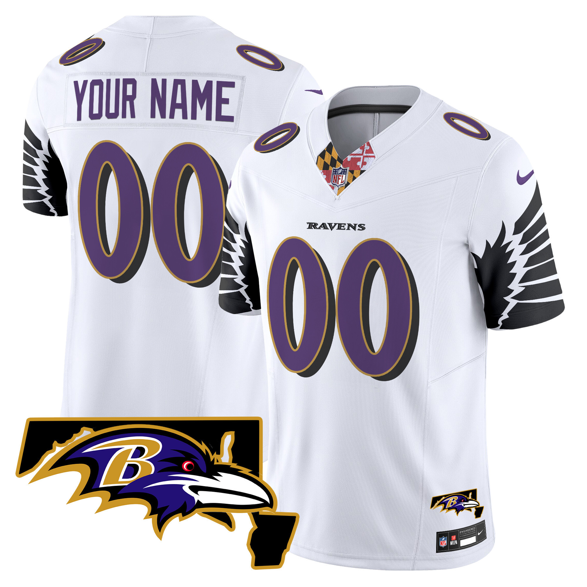 Men's Baltimore Ravens Maryland Patch Vapor Limited Custom White Jersey - All Stitched
