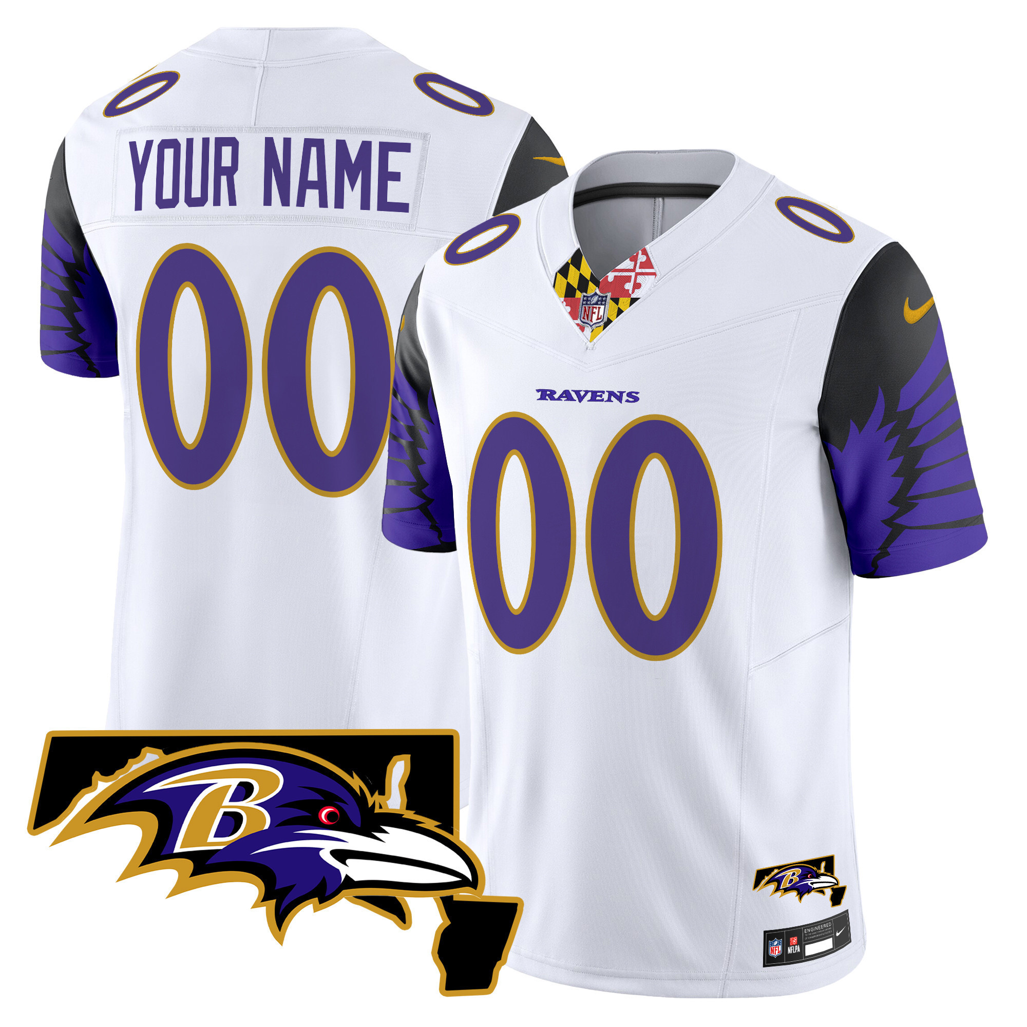 Men's Baltimore Ravens Maryland Patch Vapor Limited Custom White Jersey - All Stitched