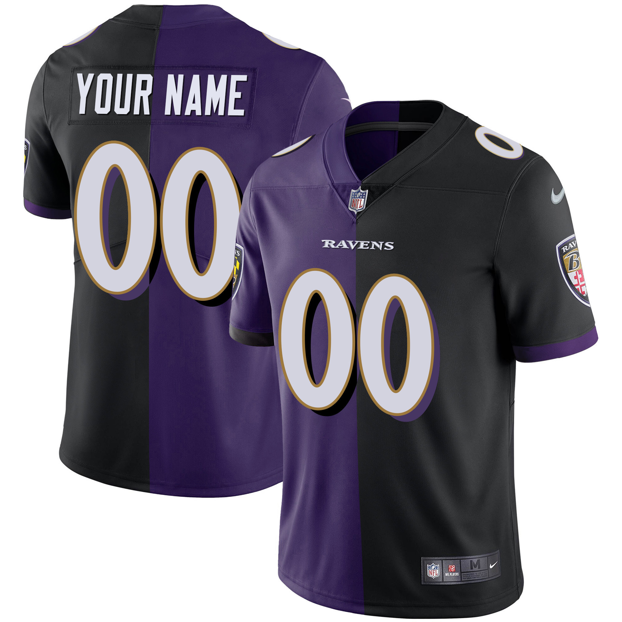 Men's Baltimore Ravens Vapor Gold Custom Name and Number - All Stitched Split Black Purple Jersey - All Stitched