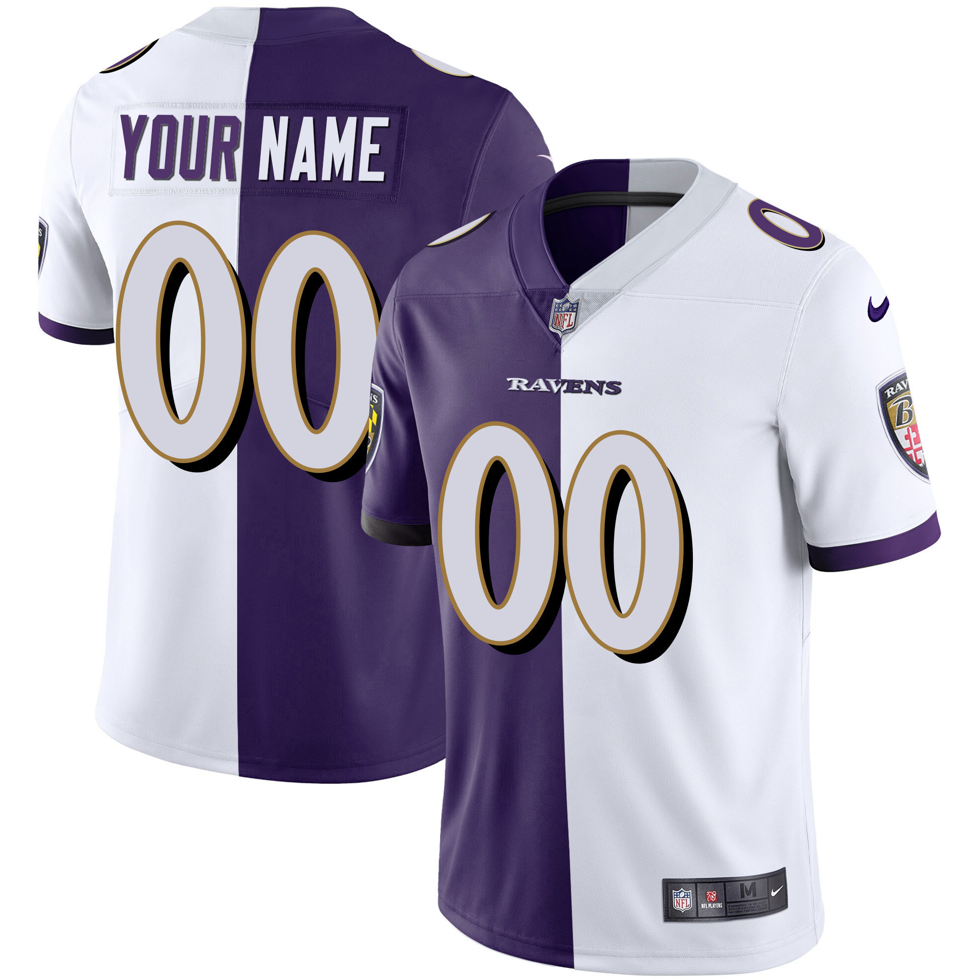 Men's Baltimore Ravens Vapor Gold Custom Name and Number - All Stitched Split White Purple Jersey - All Stitched