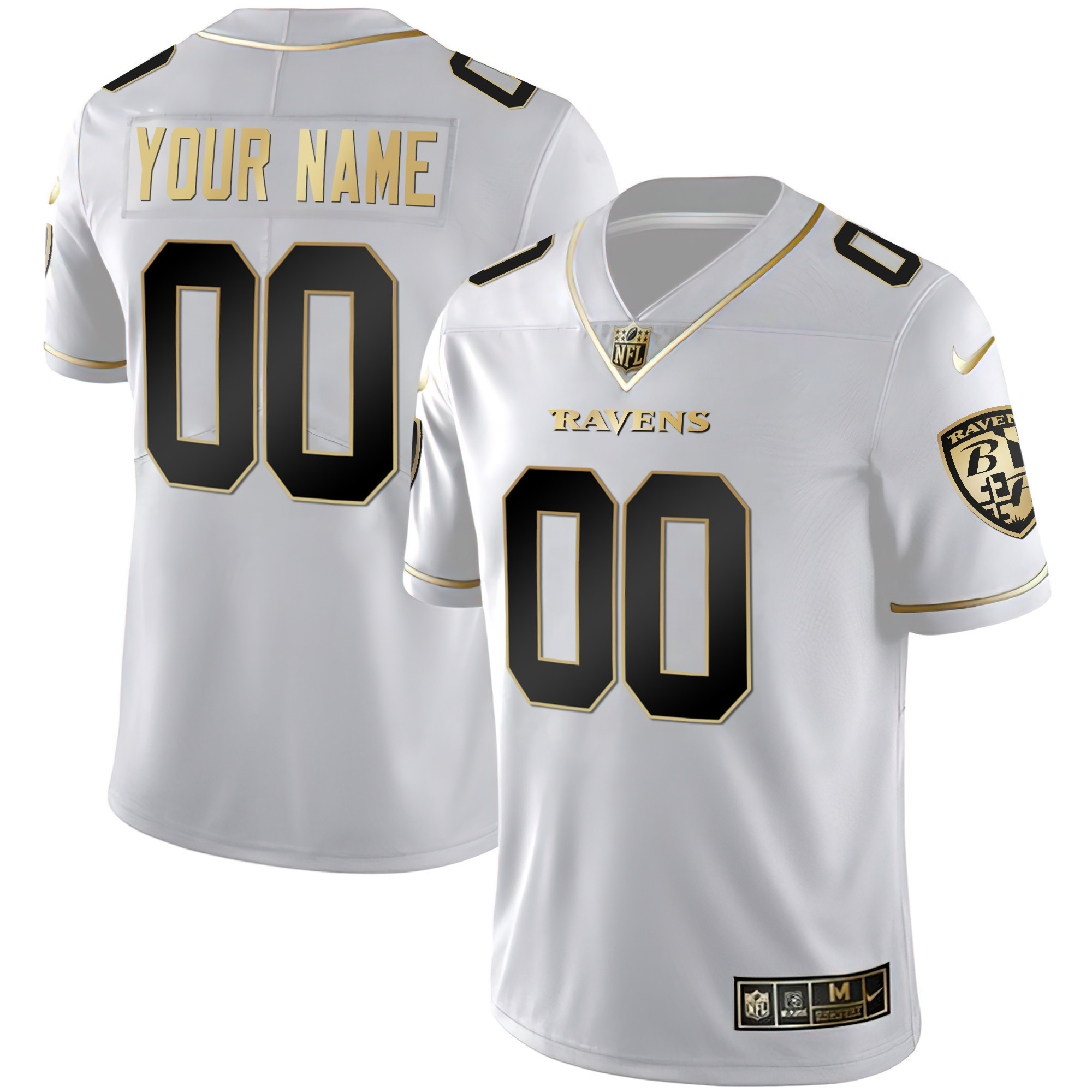 Men's Baltimore Ravens Vapor Gold Custom Name and Number - All Stitched White Gold Jersey - All Stitched
