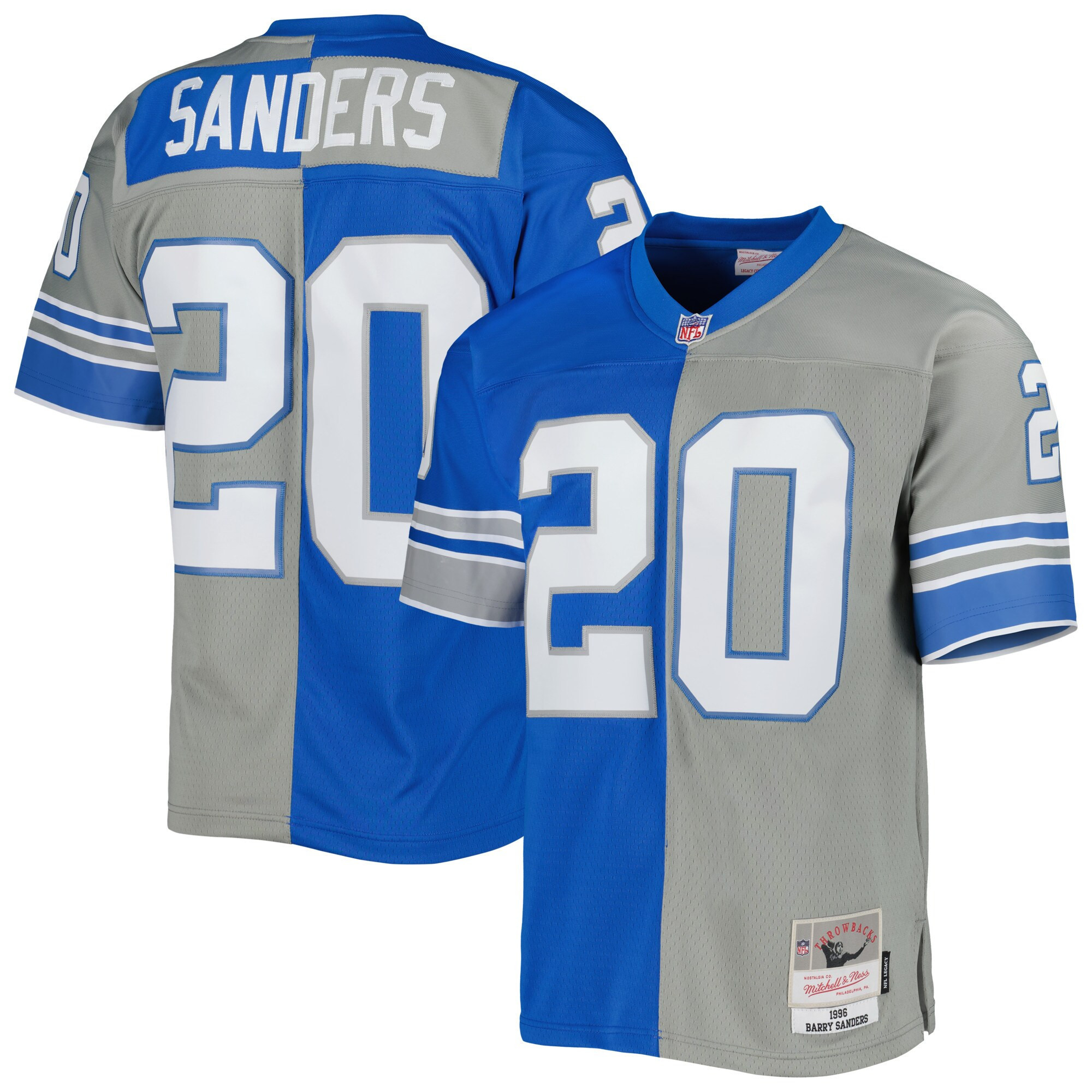 Men's Barry Sanders Detroit Lions 1996 Mitchell & Ness Silver Blue Split Legacy Split Jersey - All Stitched