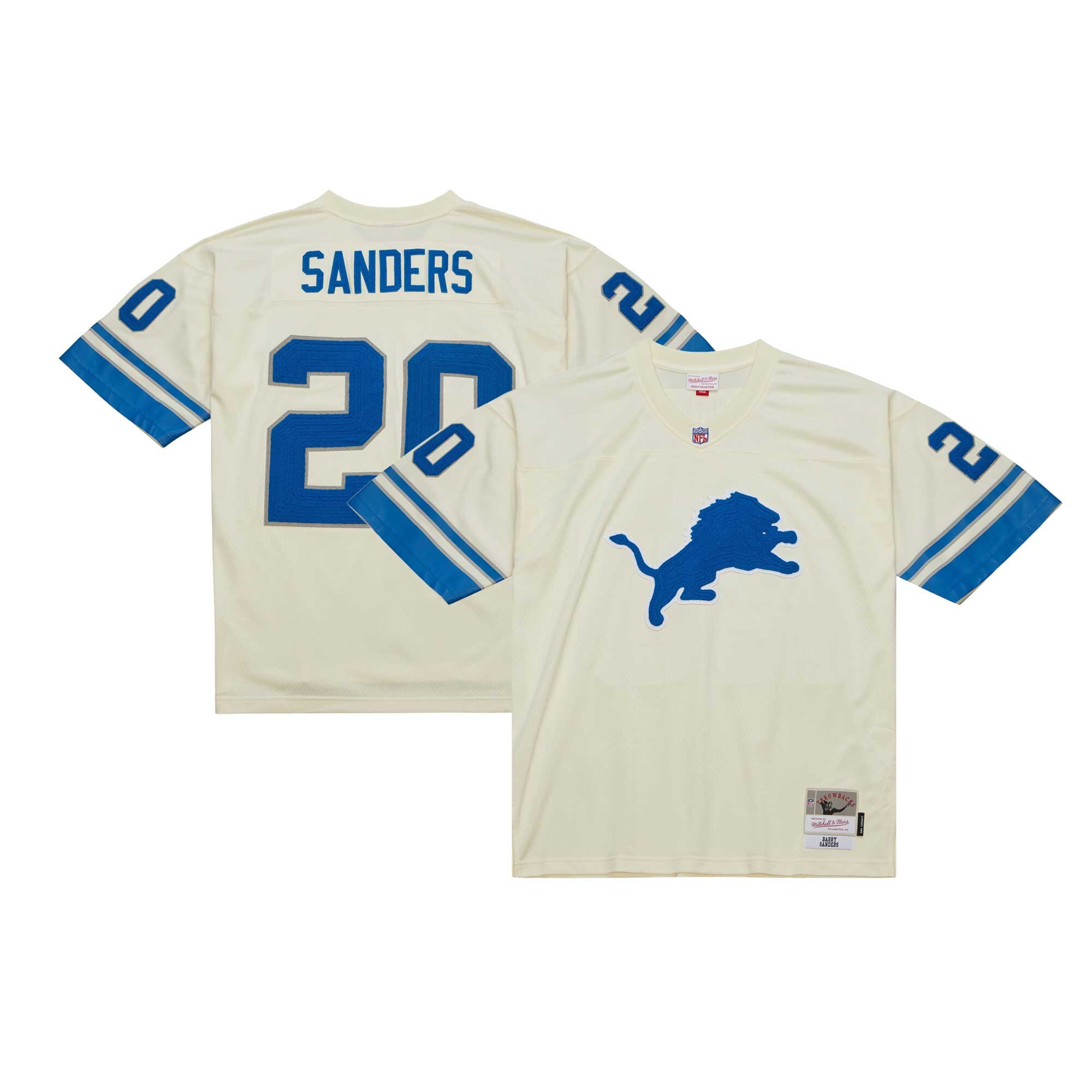 Men's Barry Sanders Mitchell & Ness Cream Detroit Lions Chainstitch Legacy Cream Jersey - All Stitched