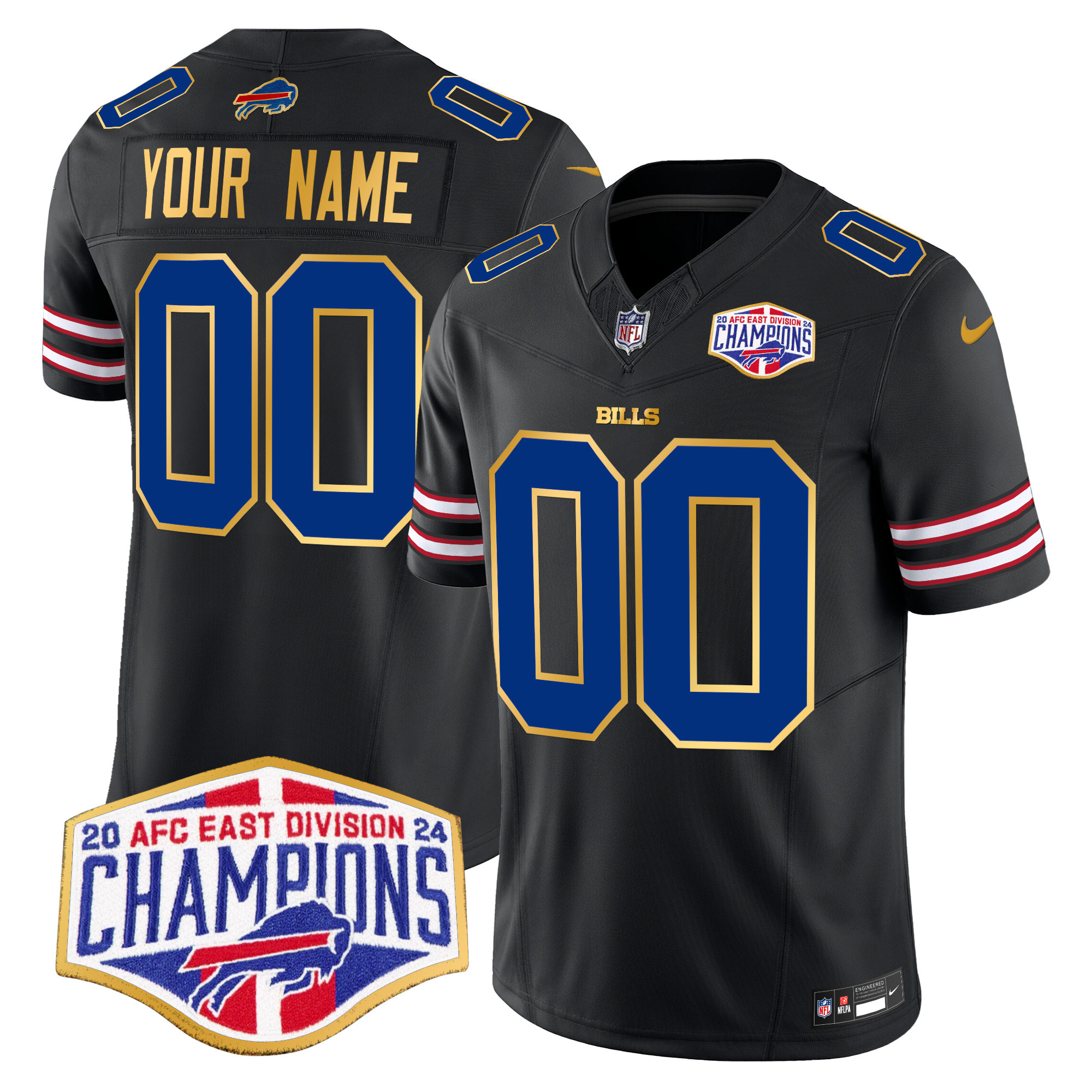 Men's Buffalo Bills 2024 AFC East Division Champions Gold Trim Vapor Limited Custom Black Jersey - All Stitched