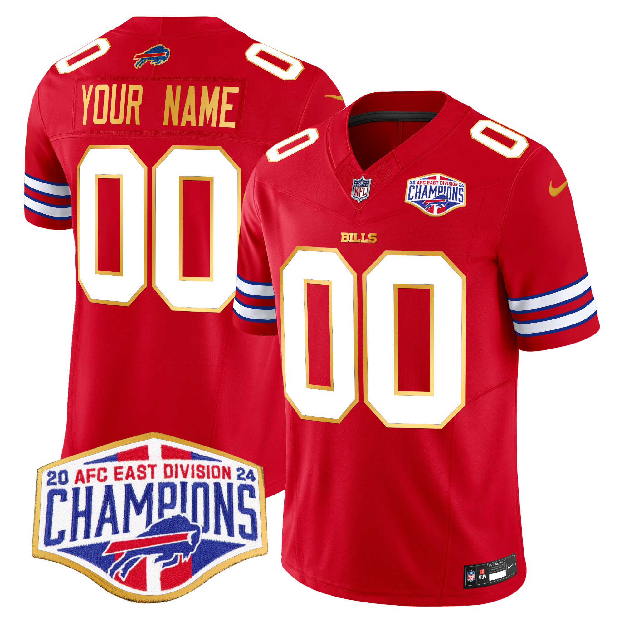 Men's Buffalo Bills 2024 AFC East Division Champions Gold Trim Vapor Limited Custom Red Jersey - All Stitched