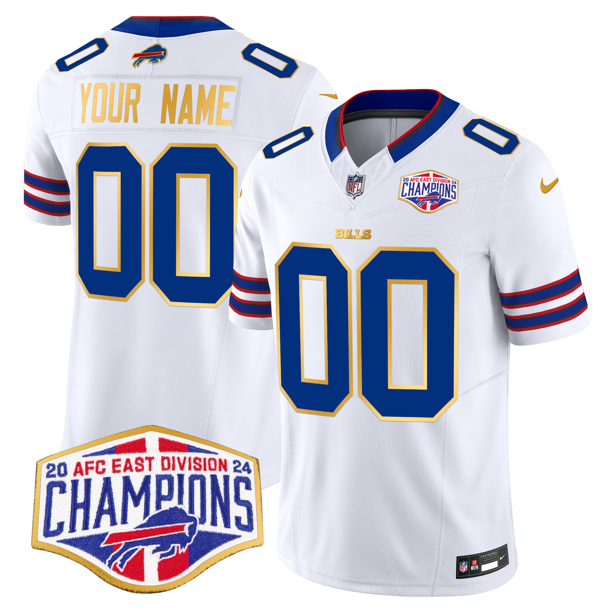 Men's Buffalo Bills 2024 AFC East Division Champions Gold Trim Vapor Limited Custom White Jersey - All Stitched