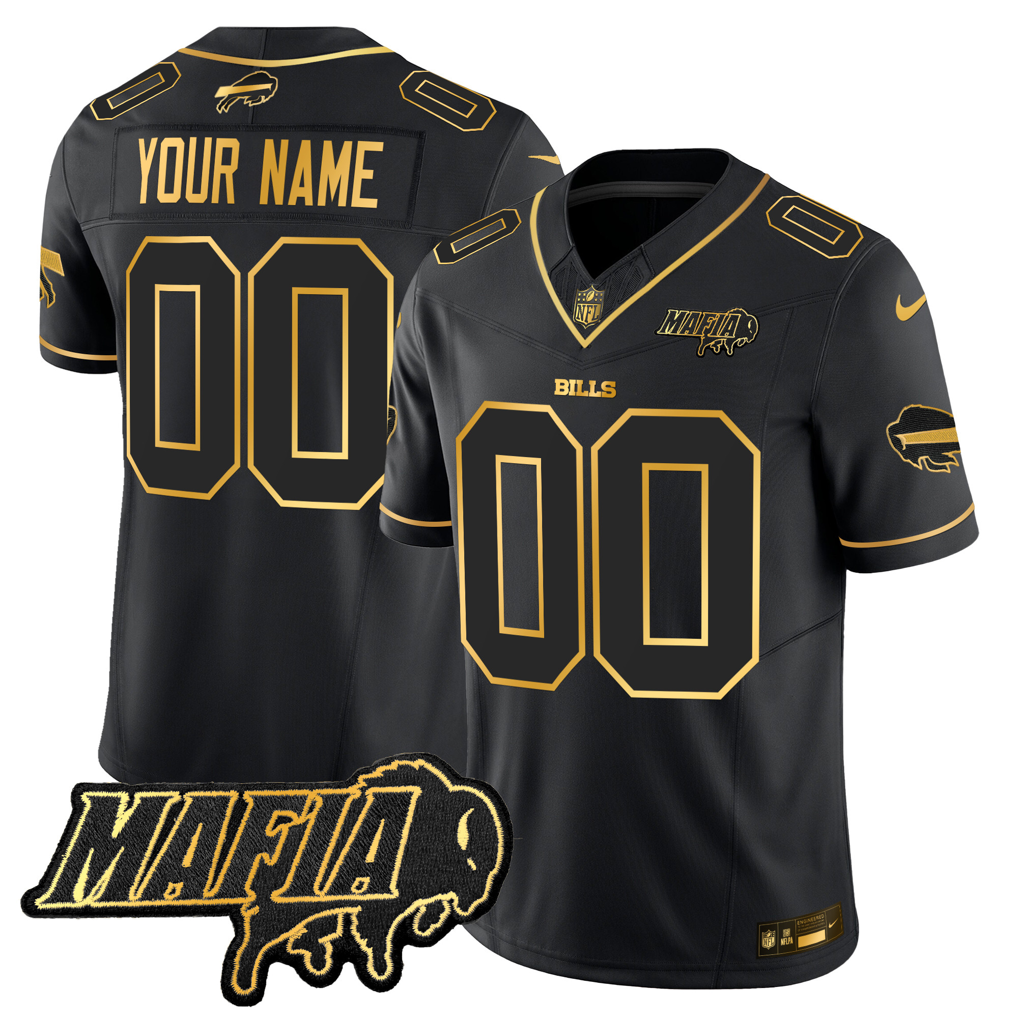Men's Buffalo Bills 2024 Buffalo Bills Mafia Patch Gold Vapor Limited Custom Black Gold Jersey - All Stitched
