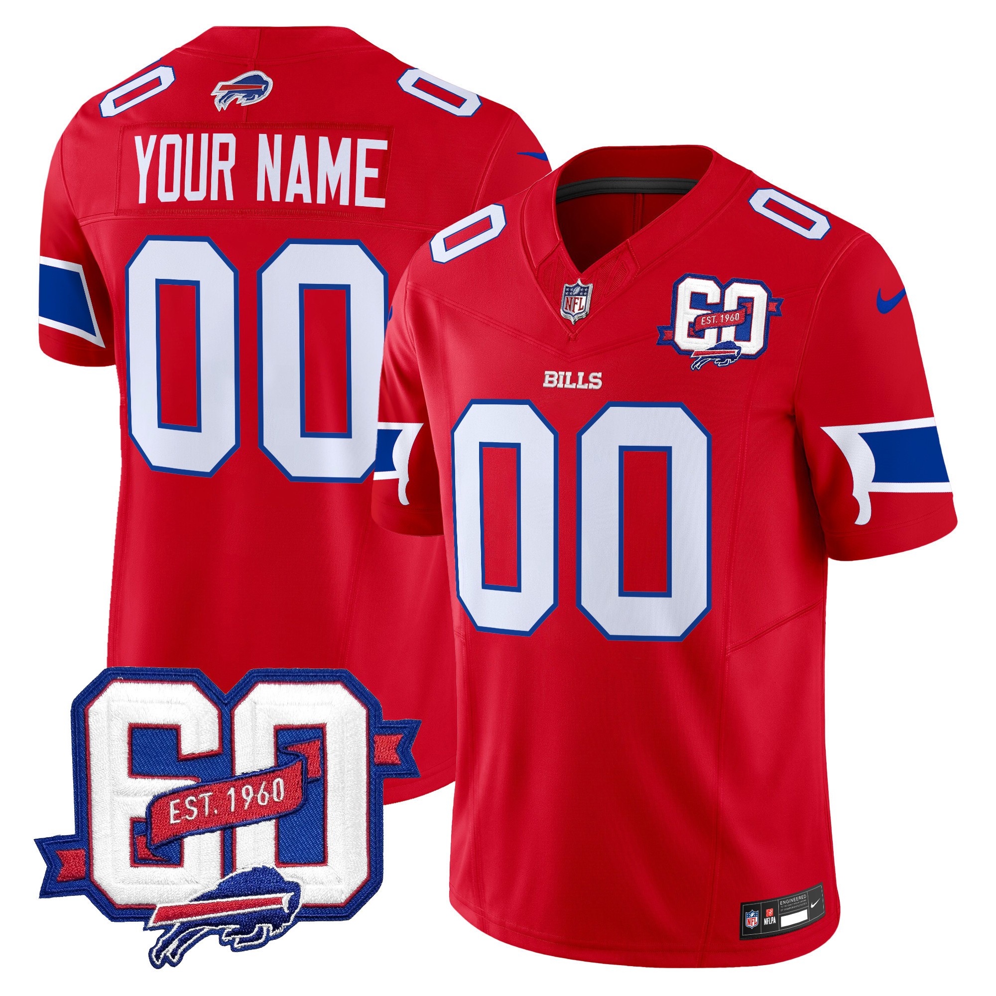 Men's Buffalo Bills 60th Anniversary Patch Vapor Limited Custom Red Jersey - All Stitched