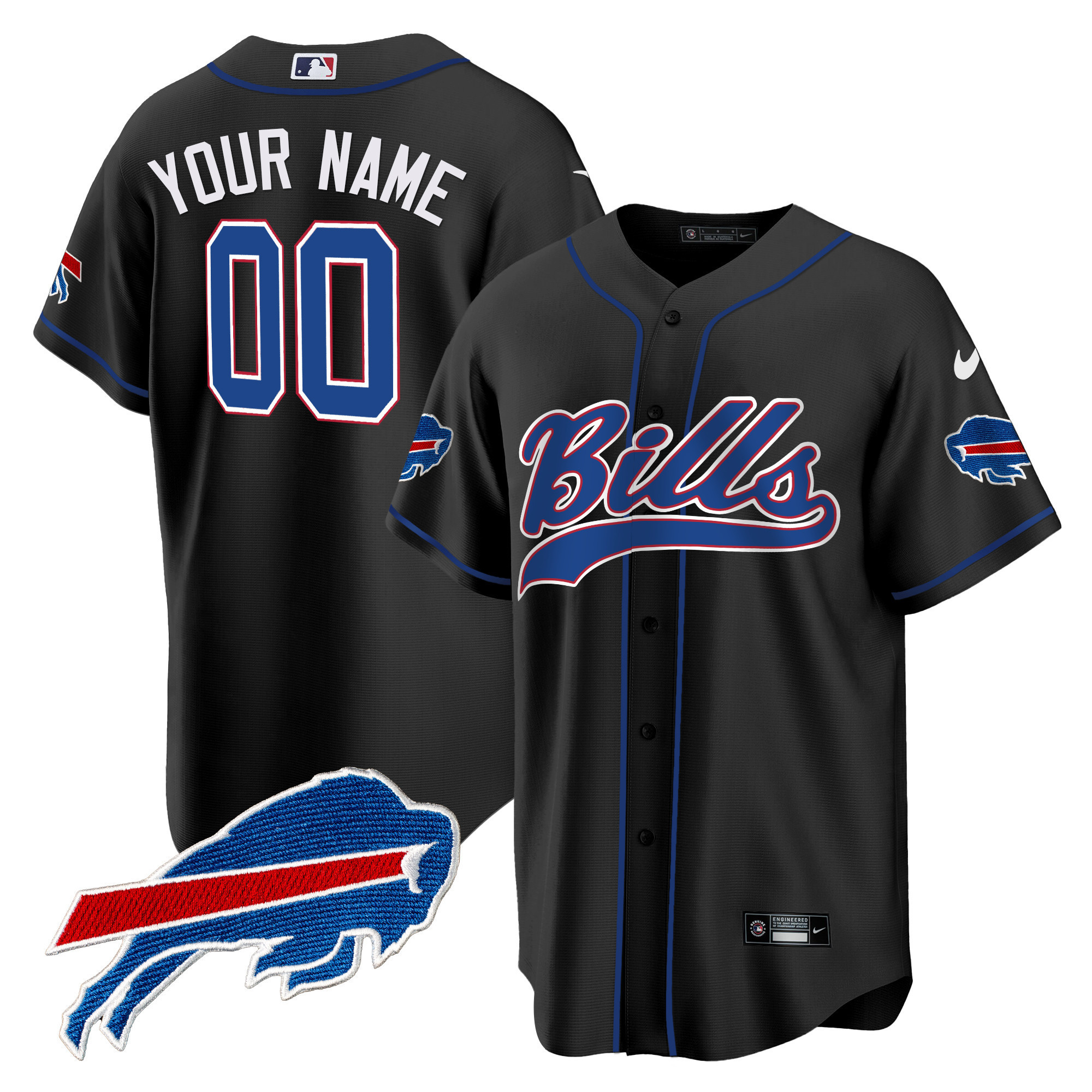 Men's Buffalo Bills Baseball Custom Black Jersey - All Stitched