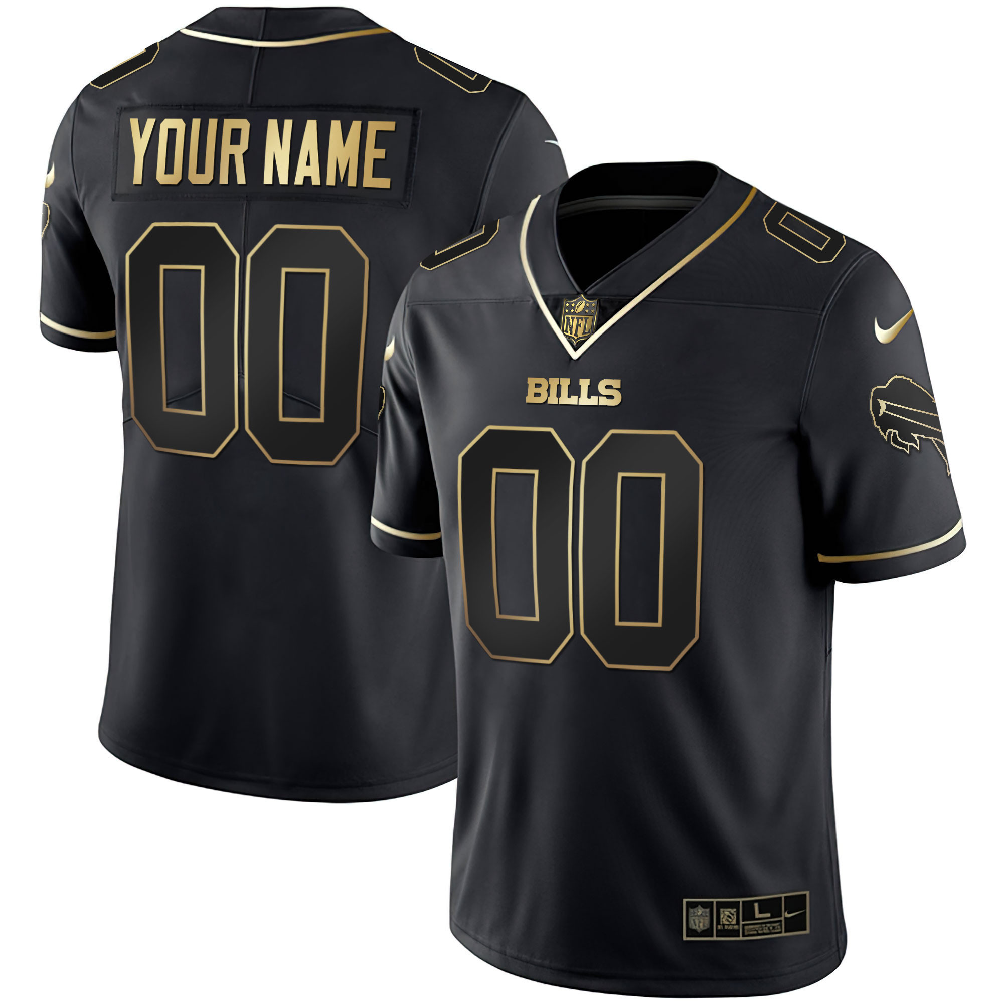 Men's Buffalo Bills Gold and Split Custom Name and Number - All Stitched Black Gold Jersey - All Stitched