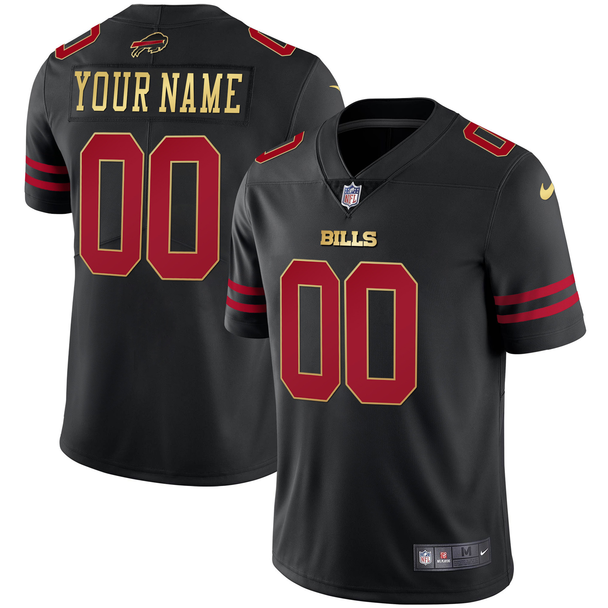 Men's Buffalo Bills Gold and Split Custom Name and Number - All Stitched Black Red Jersey - All Stitched