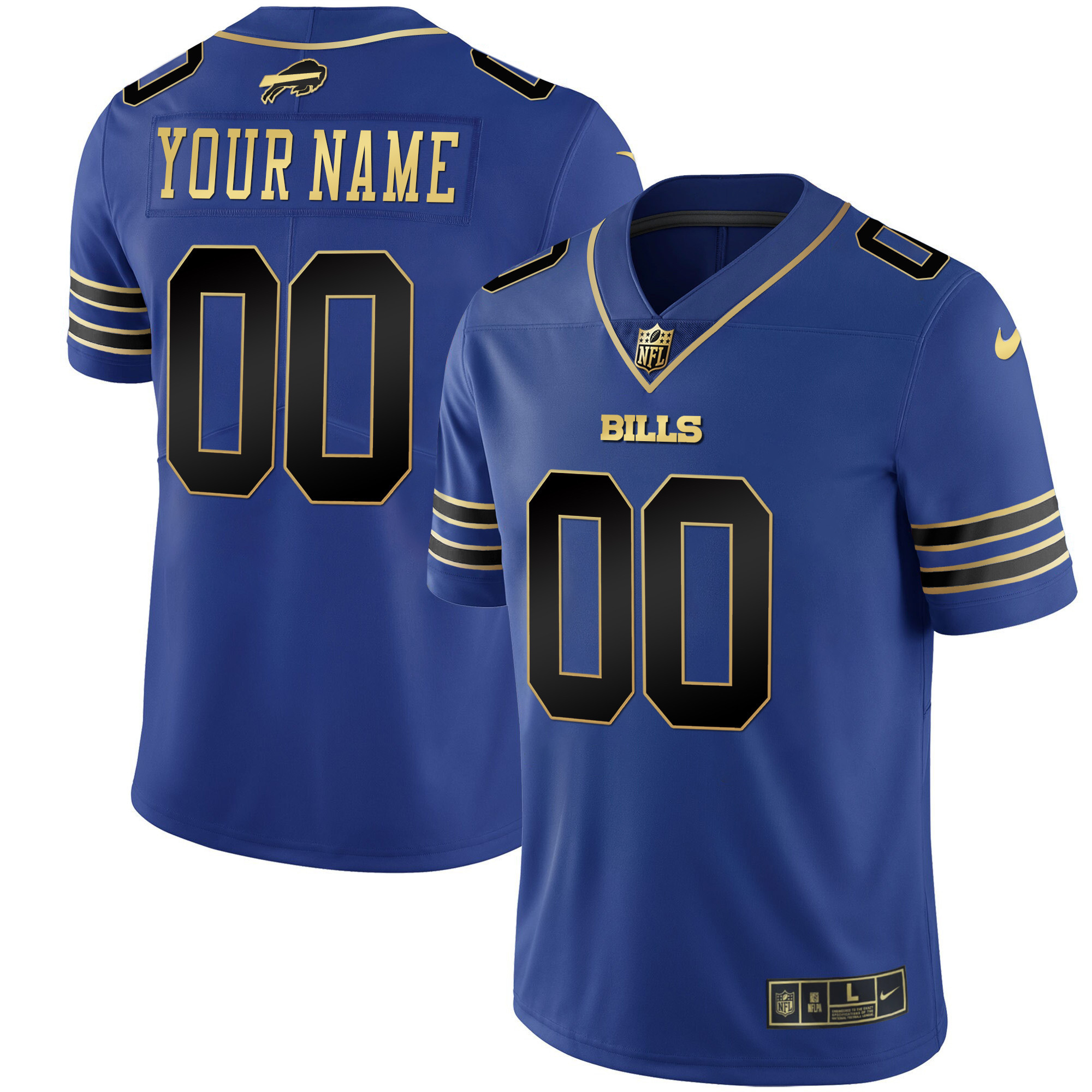 Men's Buffalo Bills Gold and Split Custom Name and Number - All Stitched Royal Black Jersey - All Stitched