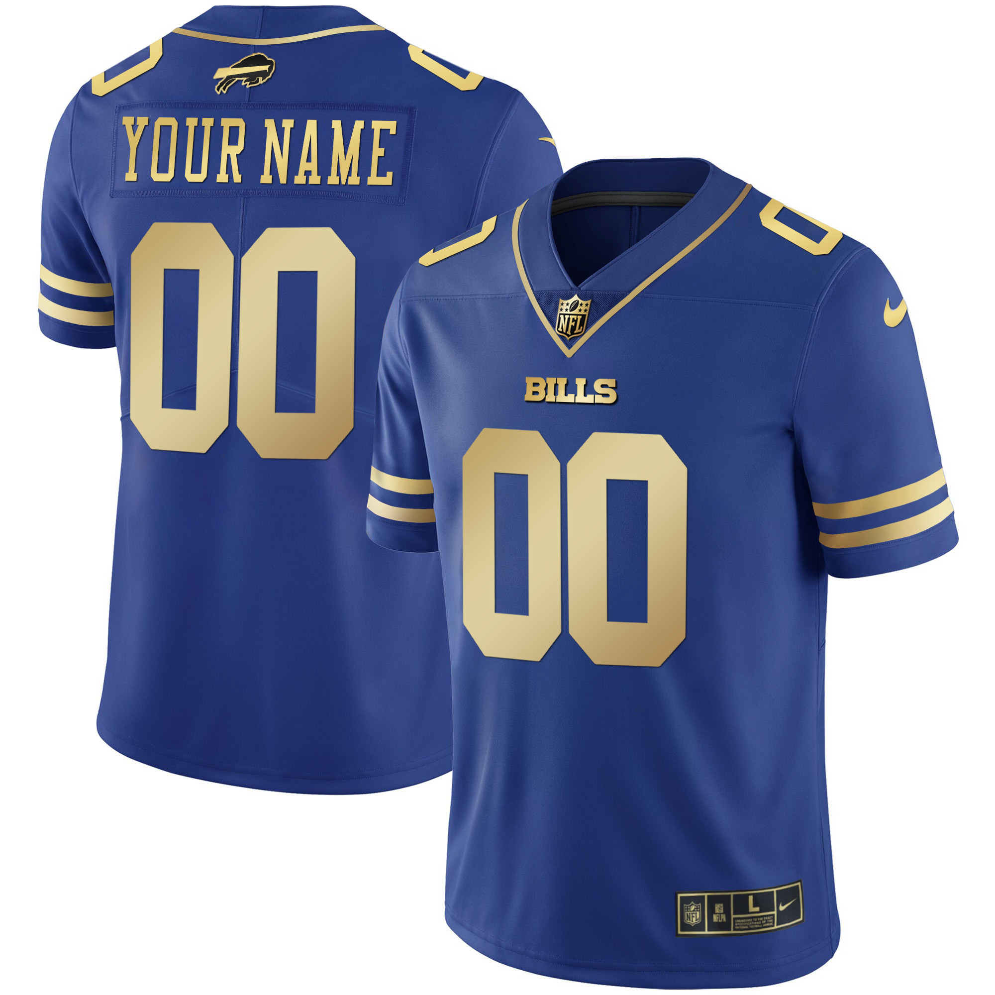 Men's Buffalo Bills Gold and Split Custom Name and Number - All Stitched Royal Gold Jersey - All Stitched