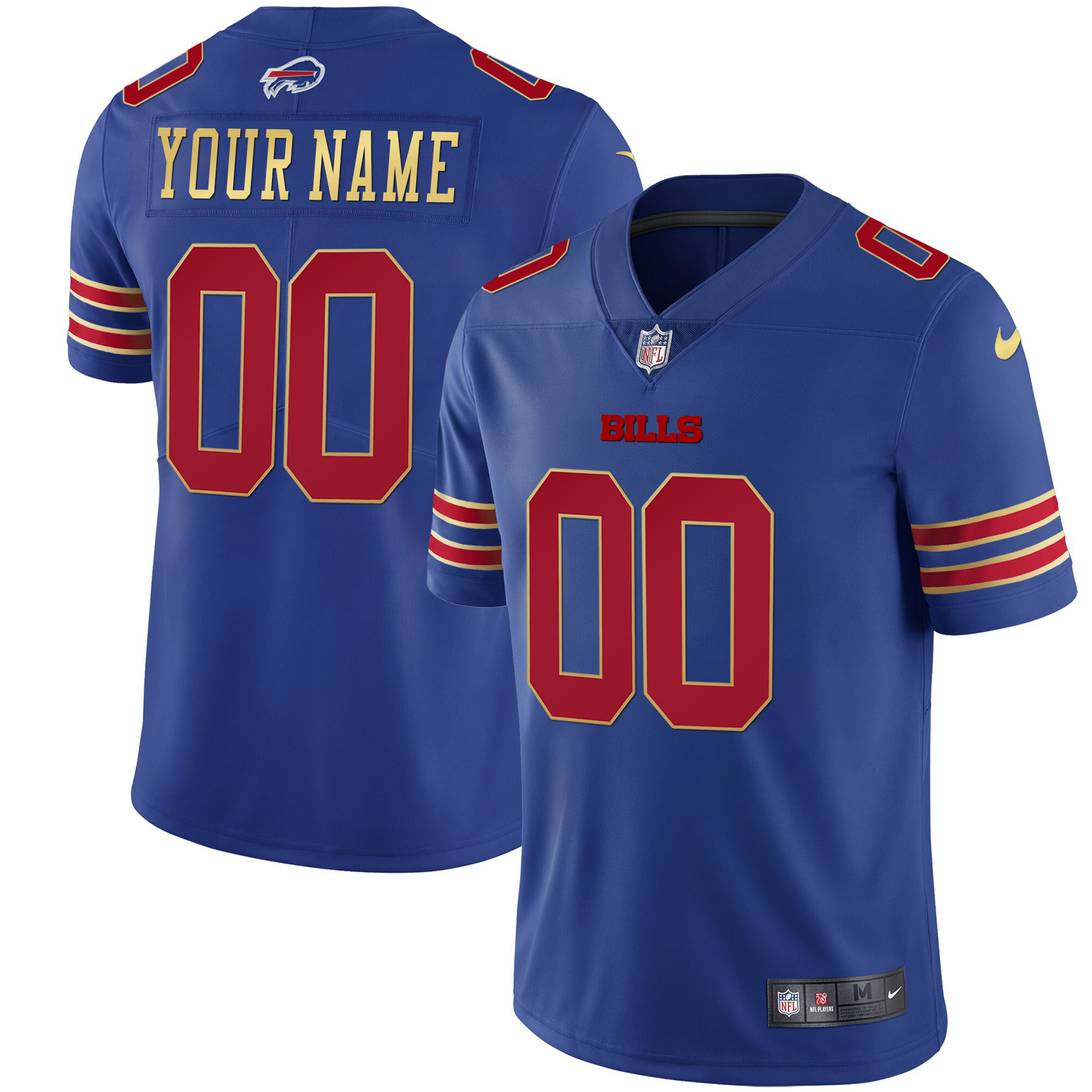 Men's Buffalo Bills Gold and Split Custom Name and Number - All Stitched Royal Red Jersey - All Stitched